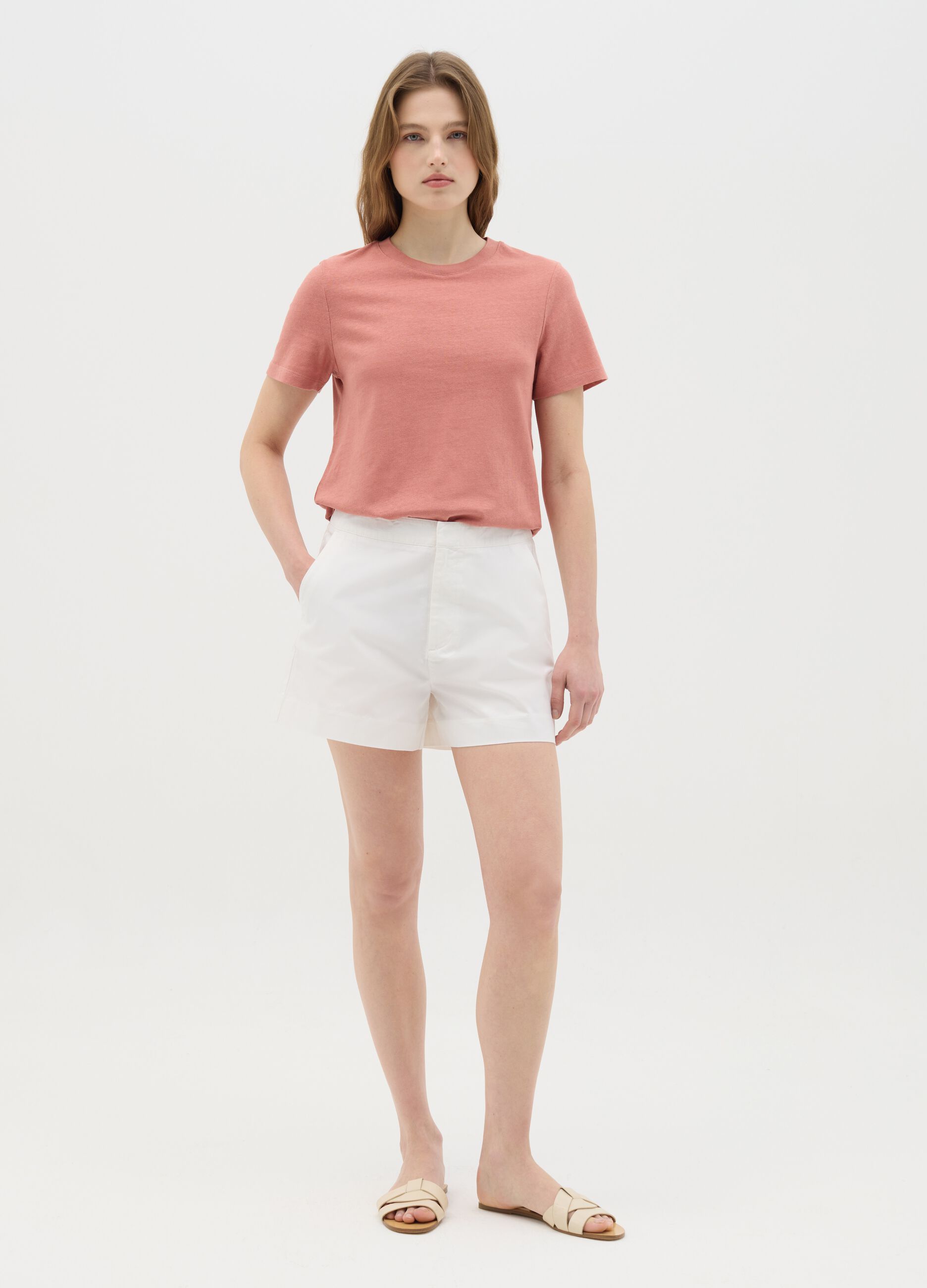 Women’s pink regular-fit T-shirt in cotton and linen blend