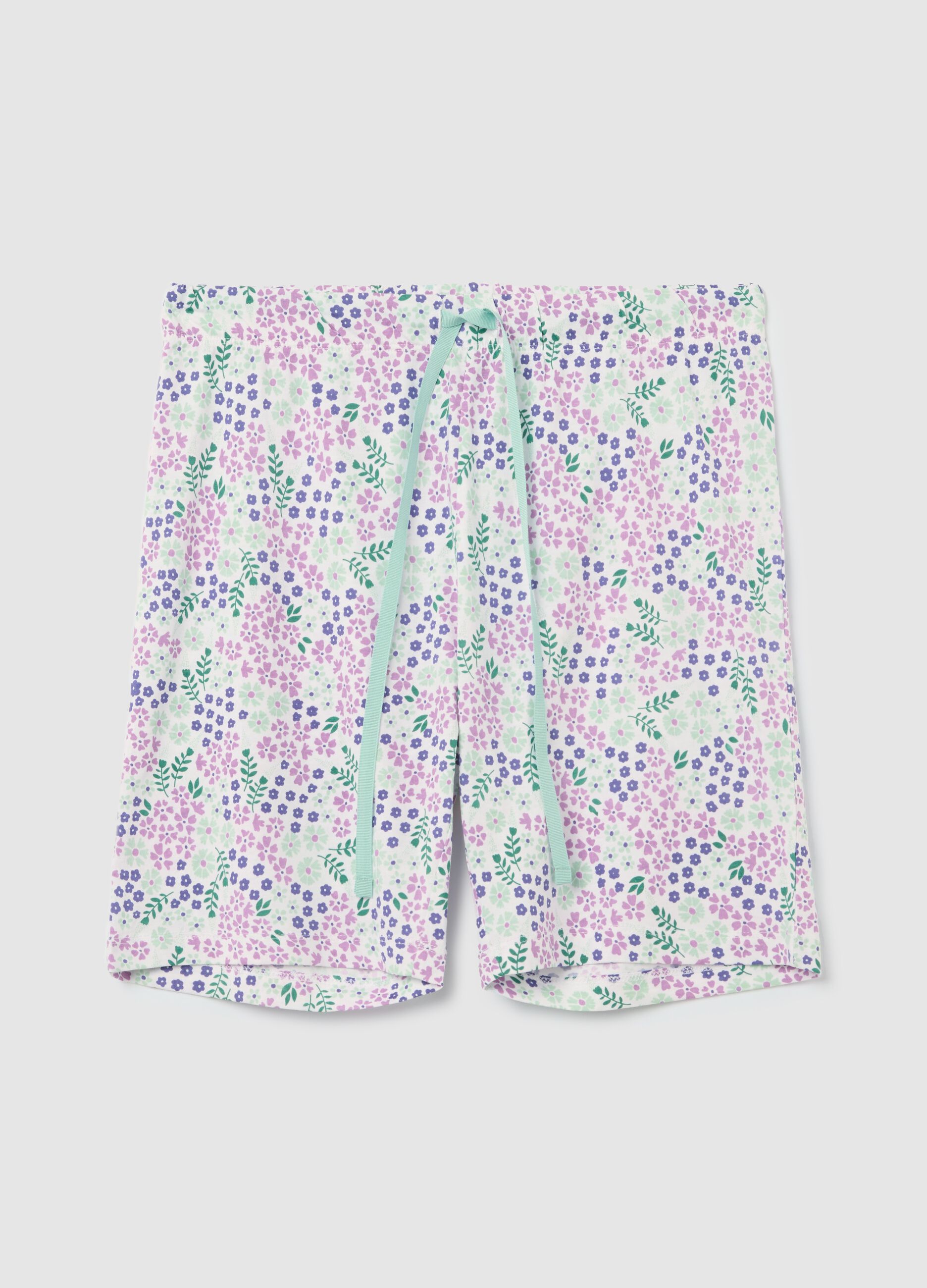 Short pyjama trousers in white cotton with small flowers print