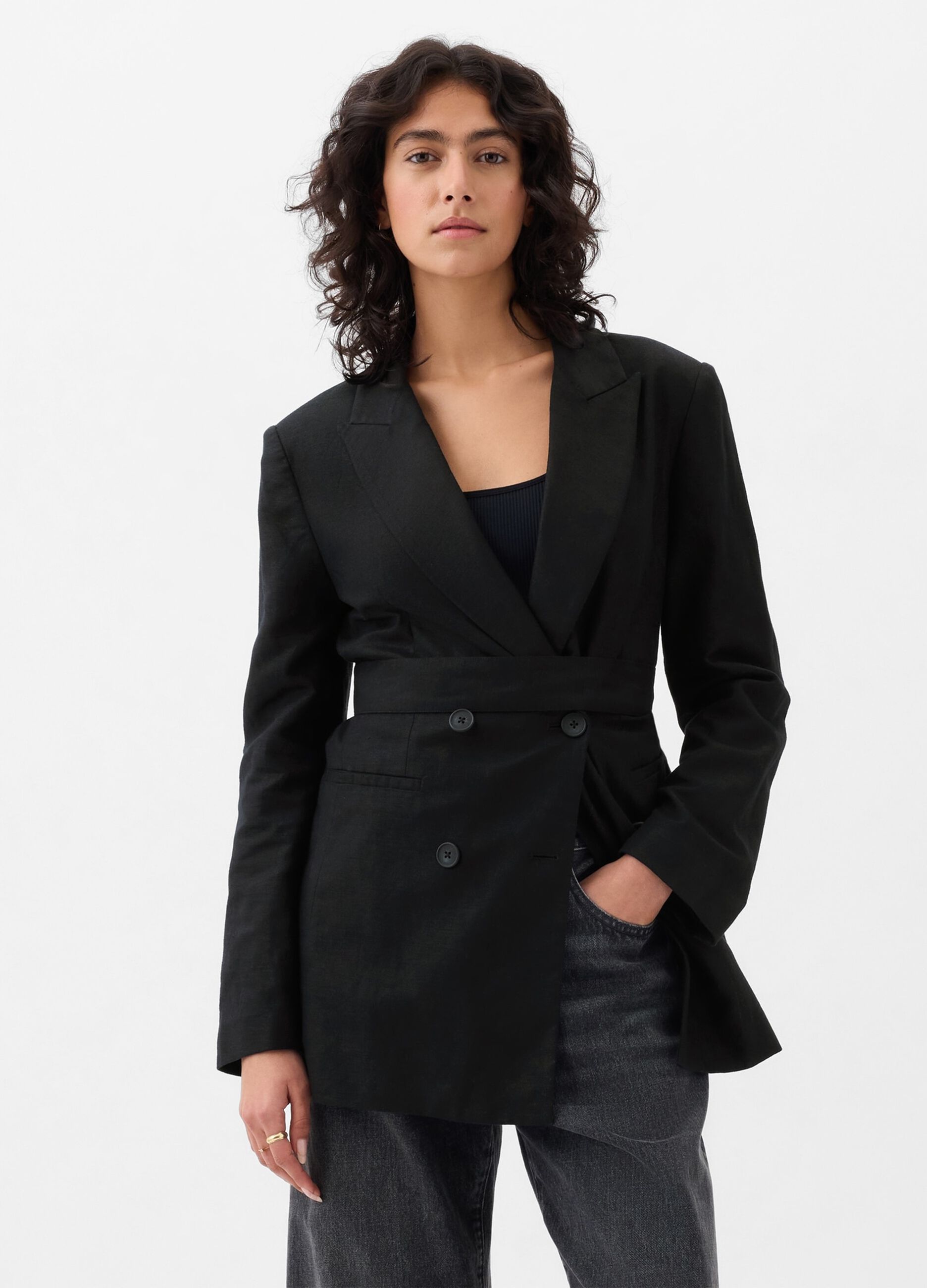 Double-breasted blazer with belt