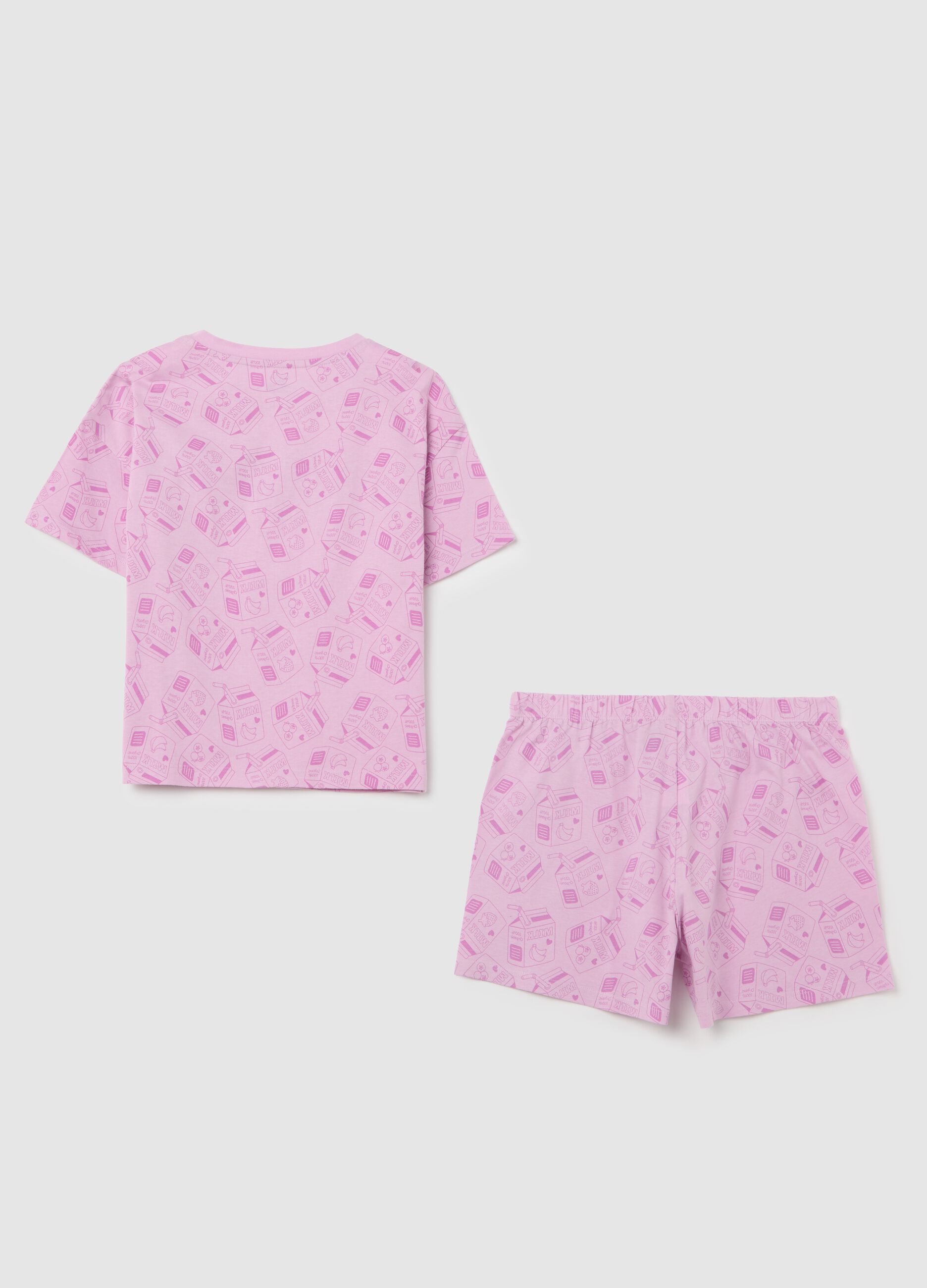 Pink short pyjamas with milk and fruit pattern for girls