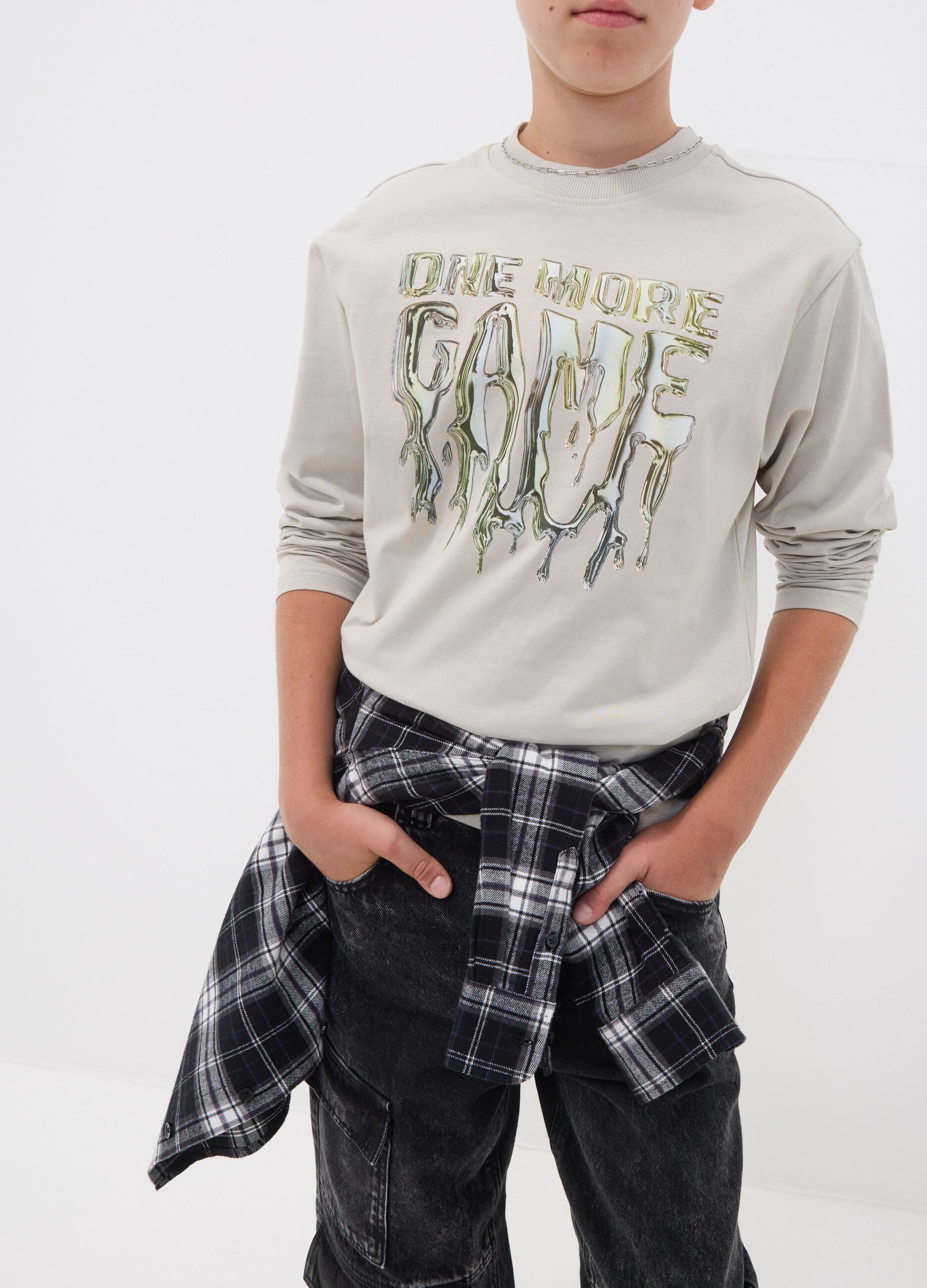 Grey pure cotton printed crew-neck T-shirt for boys