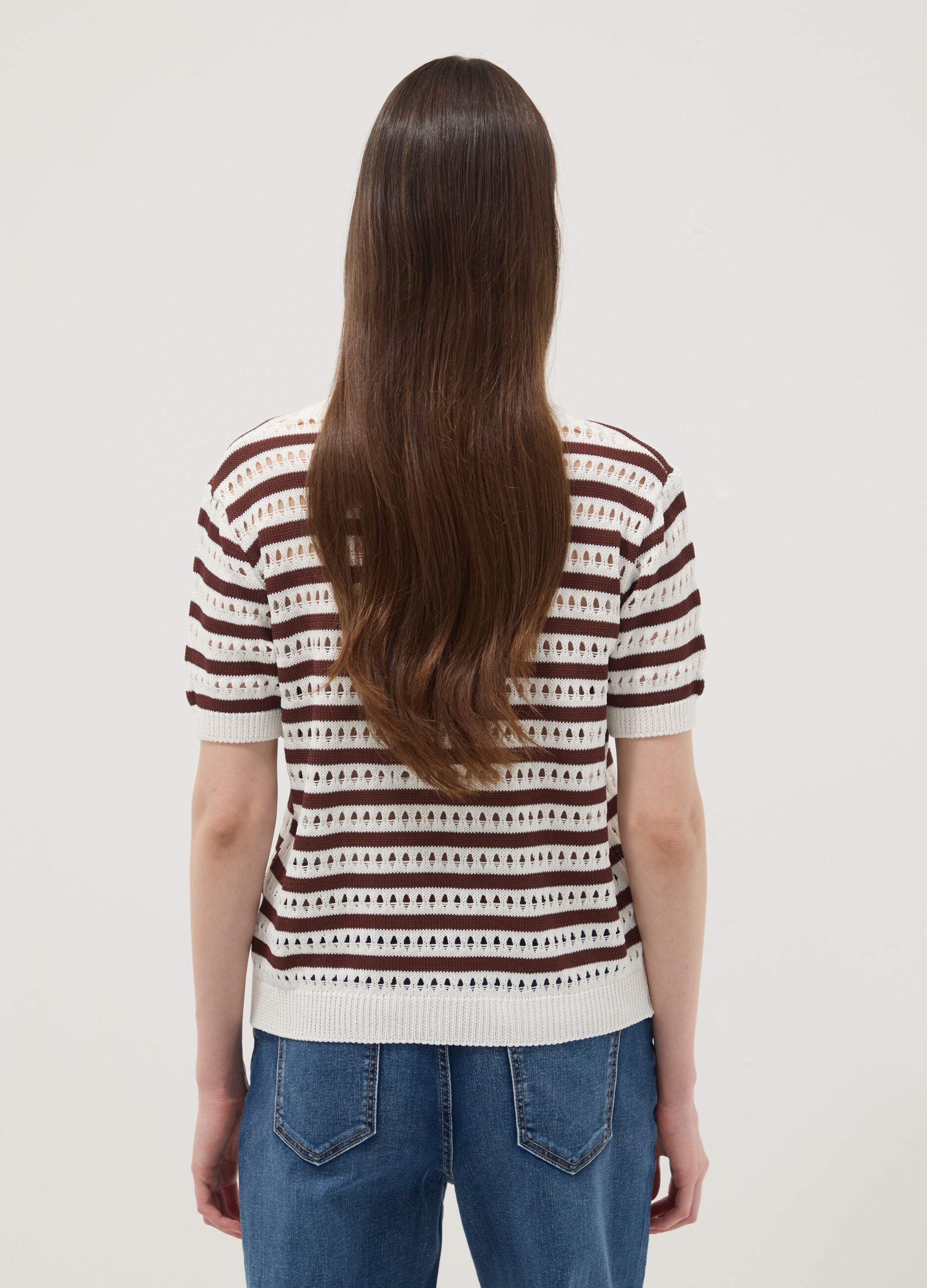 White and brown striped open-knit viscose-blend T-shirt, regular fit