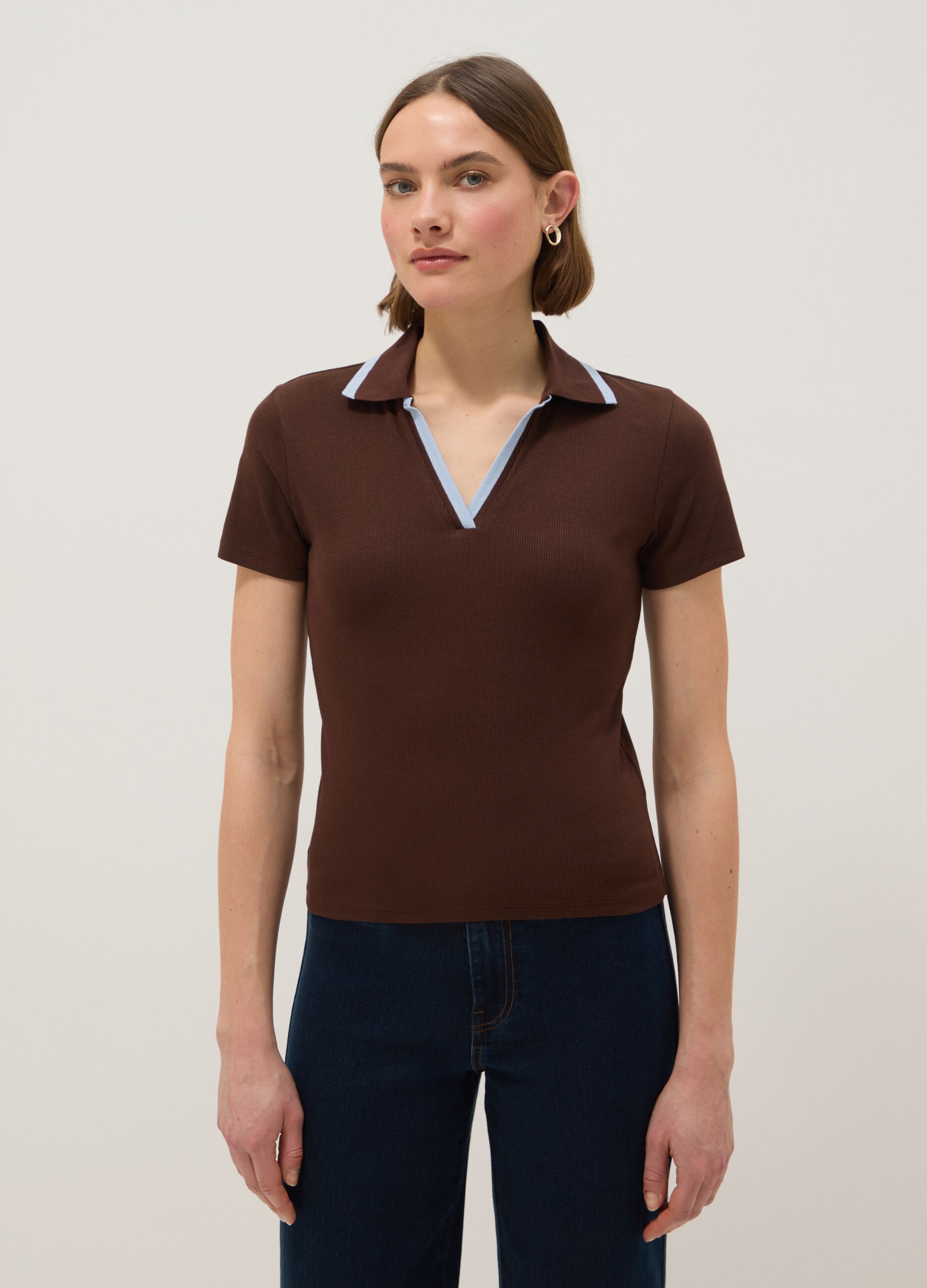 Brown stretch cotton regular fit polo with contrasting collar