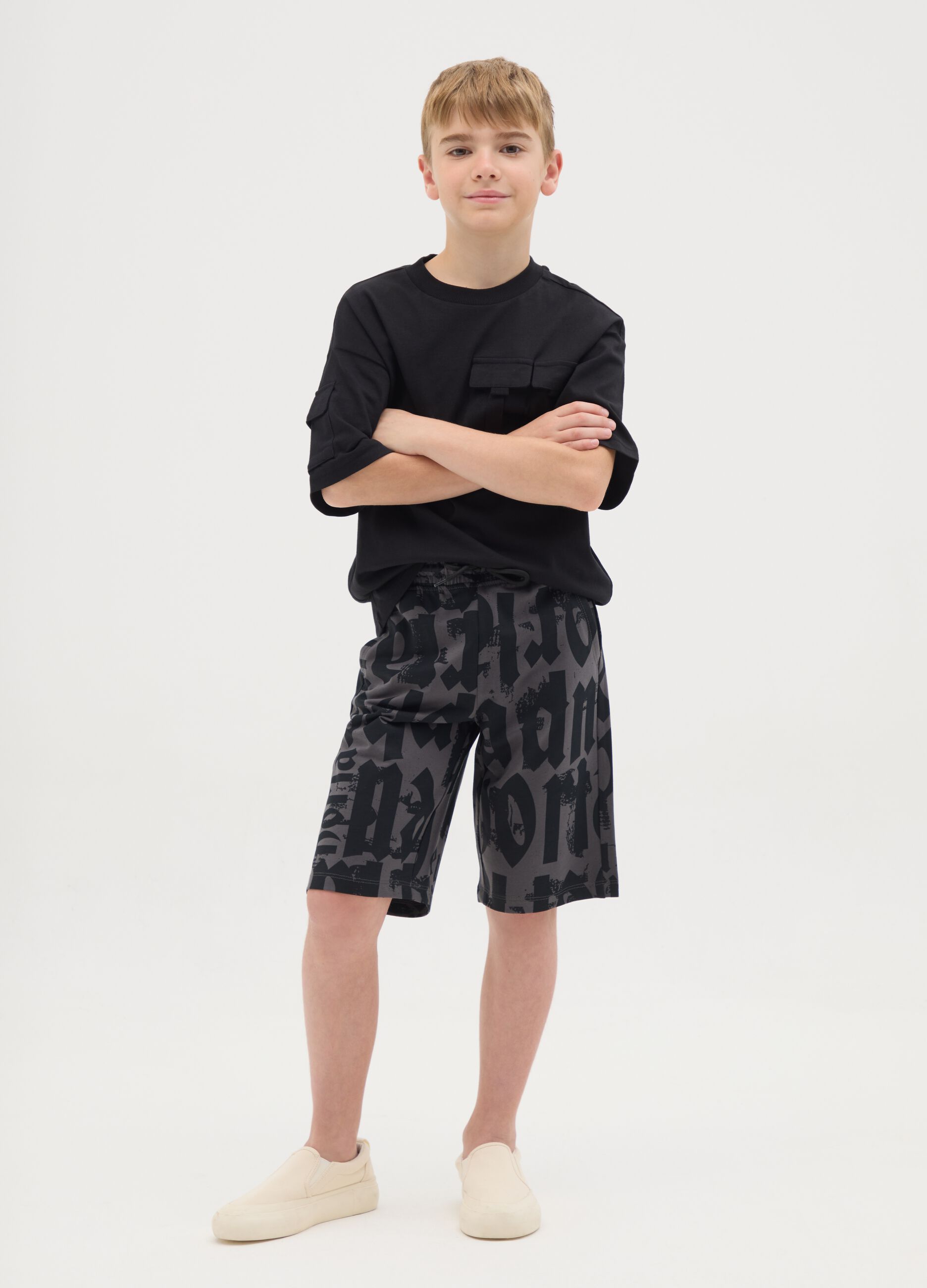 Grey French terry shorts with print