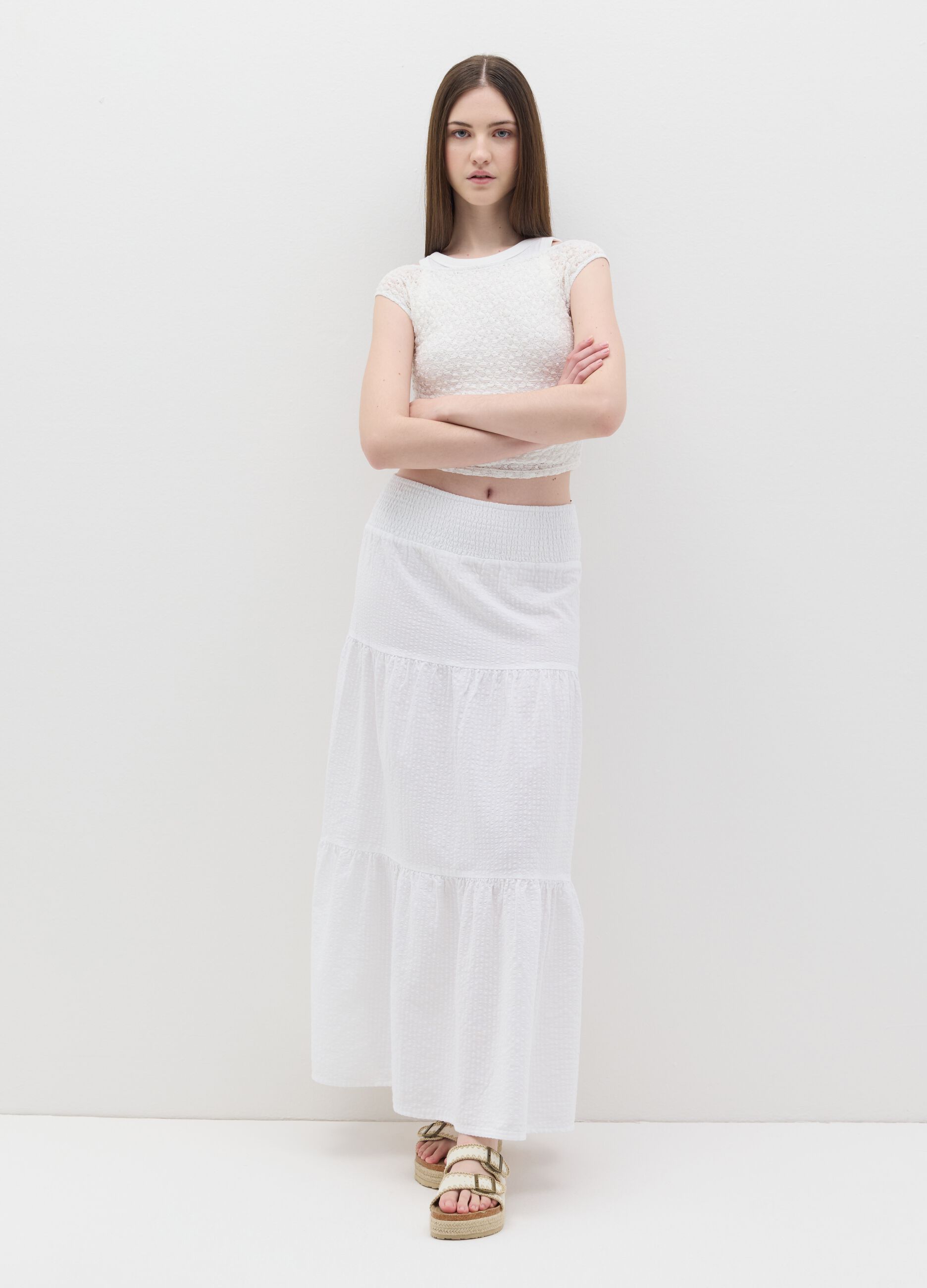 Long white tiered skirt in seersucker