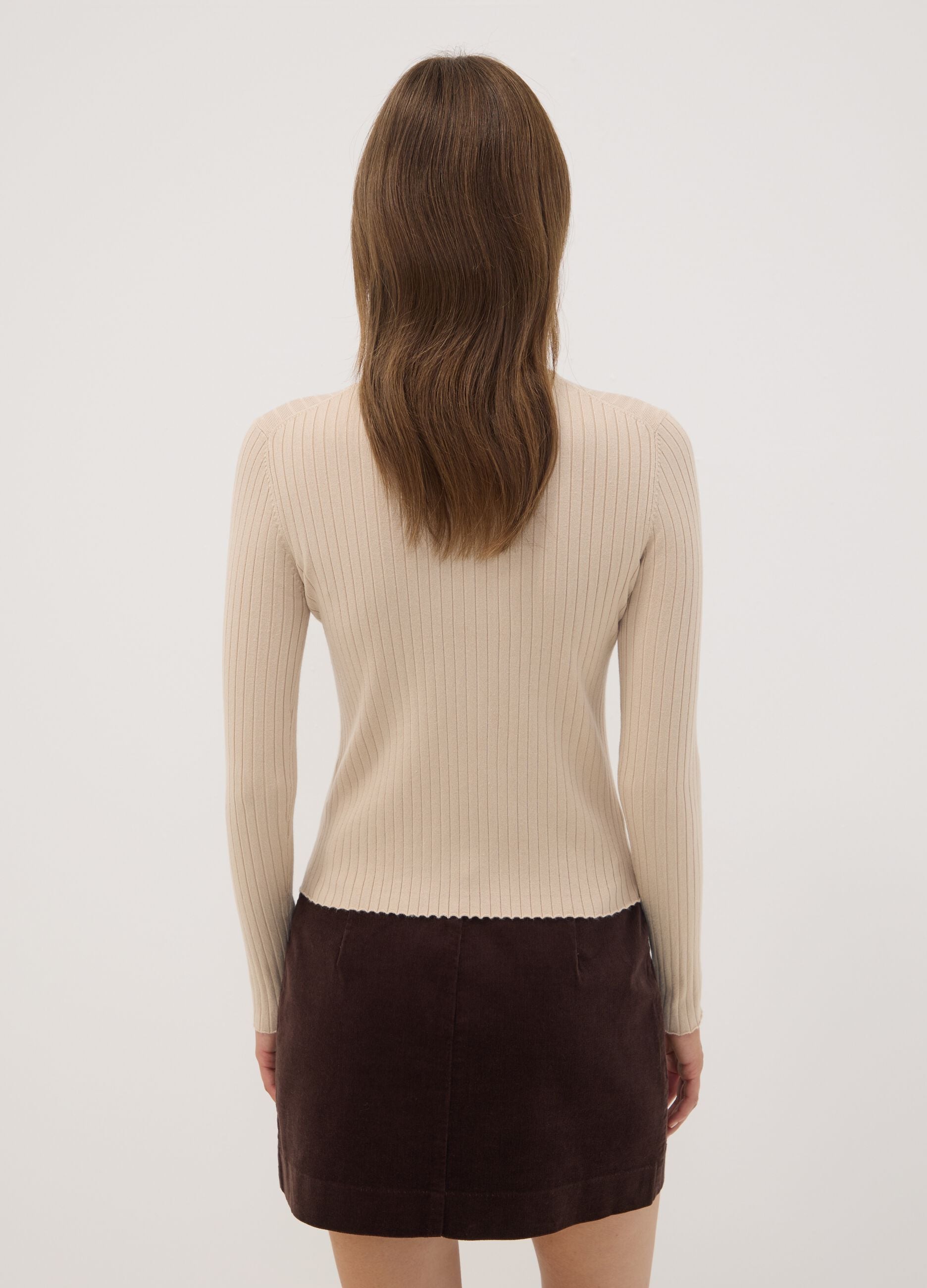 Beige ribbed viscose-blend top with high neck