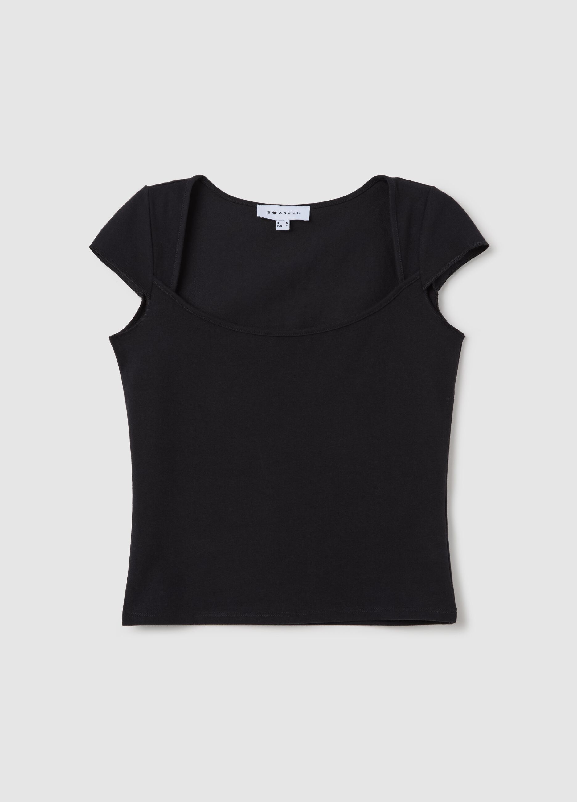 Women’s fitted black T-shirt in stretch cotton with square neckline