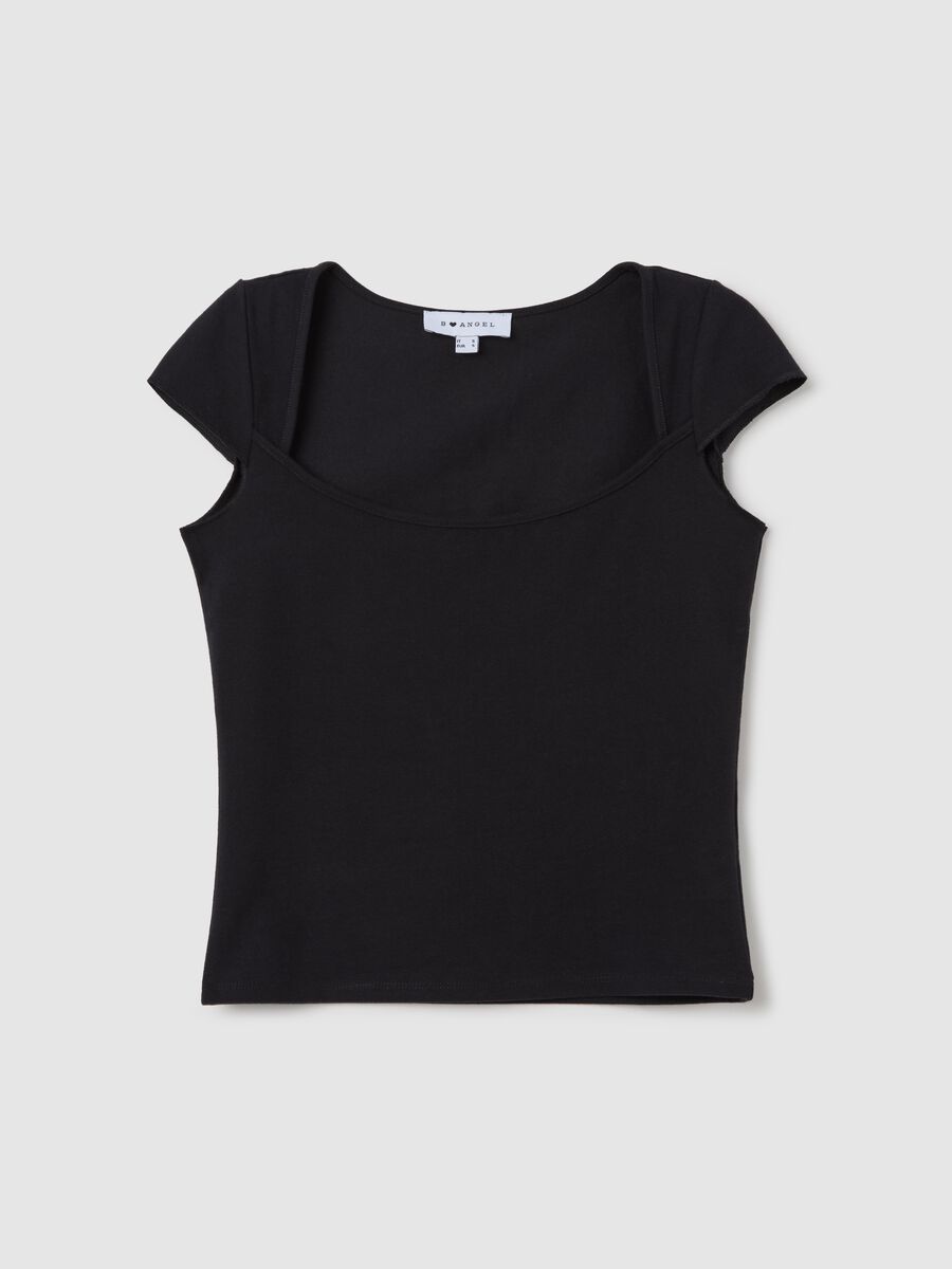 Women’s fitted black T-shirt in stretch cotton with square neckline_4