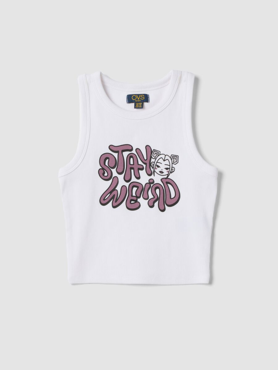 White stretch cotton fitted printed tank top for girls_0