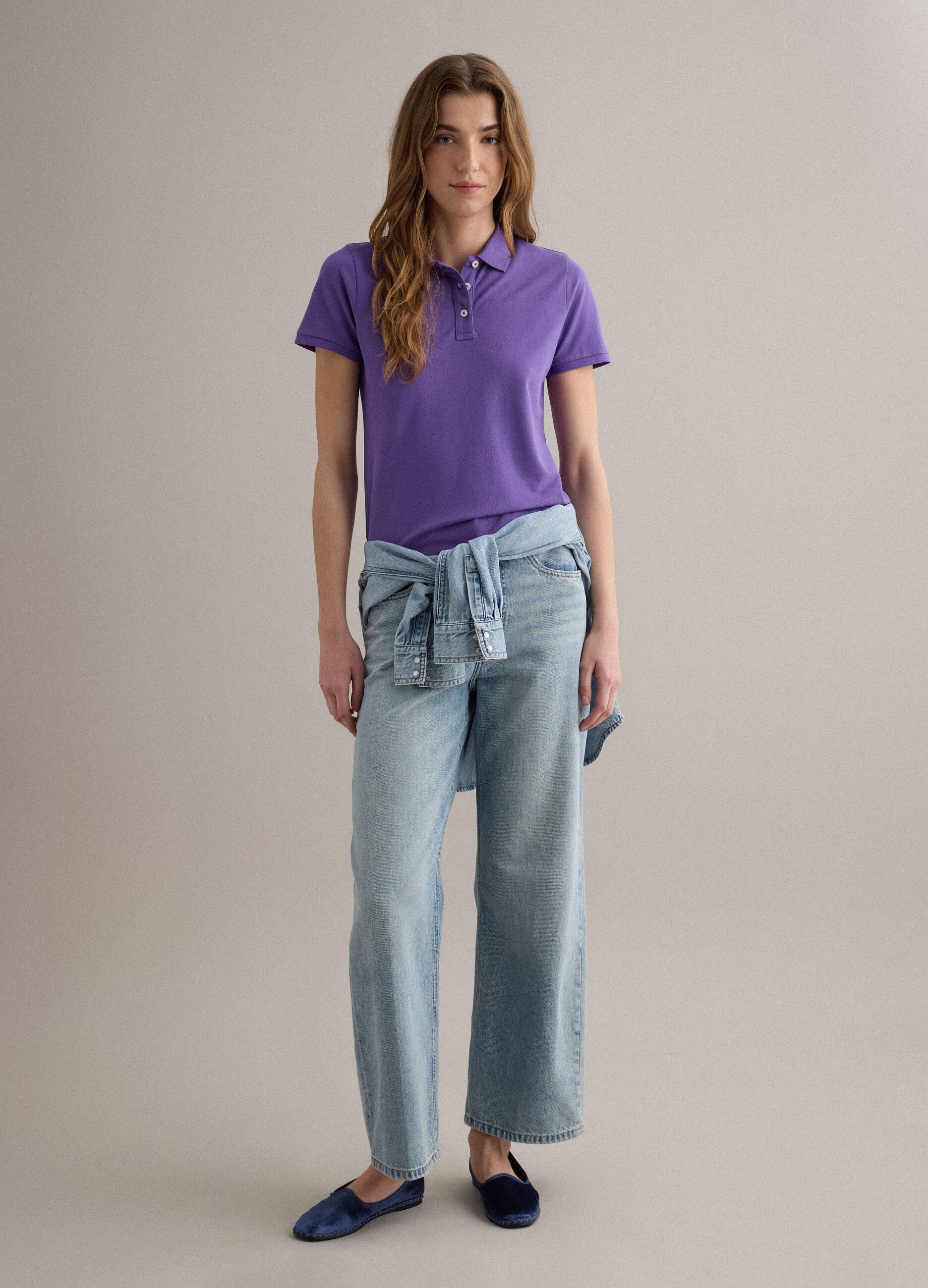 Purple short-sleeve pure cotton polo shirt, regular fit