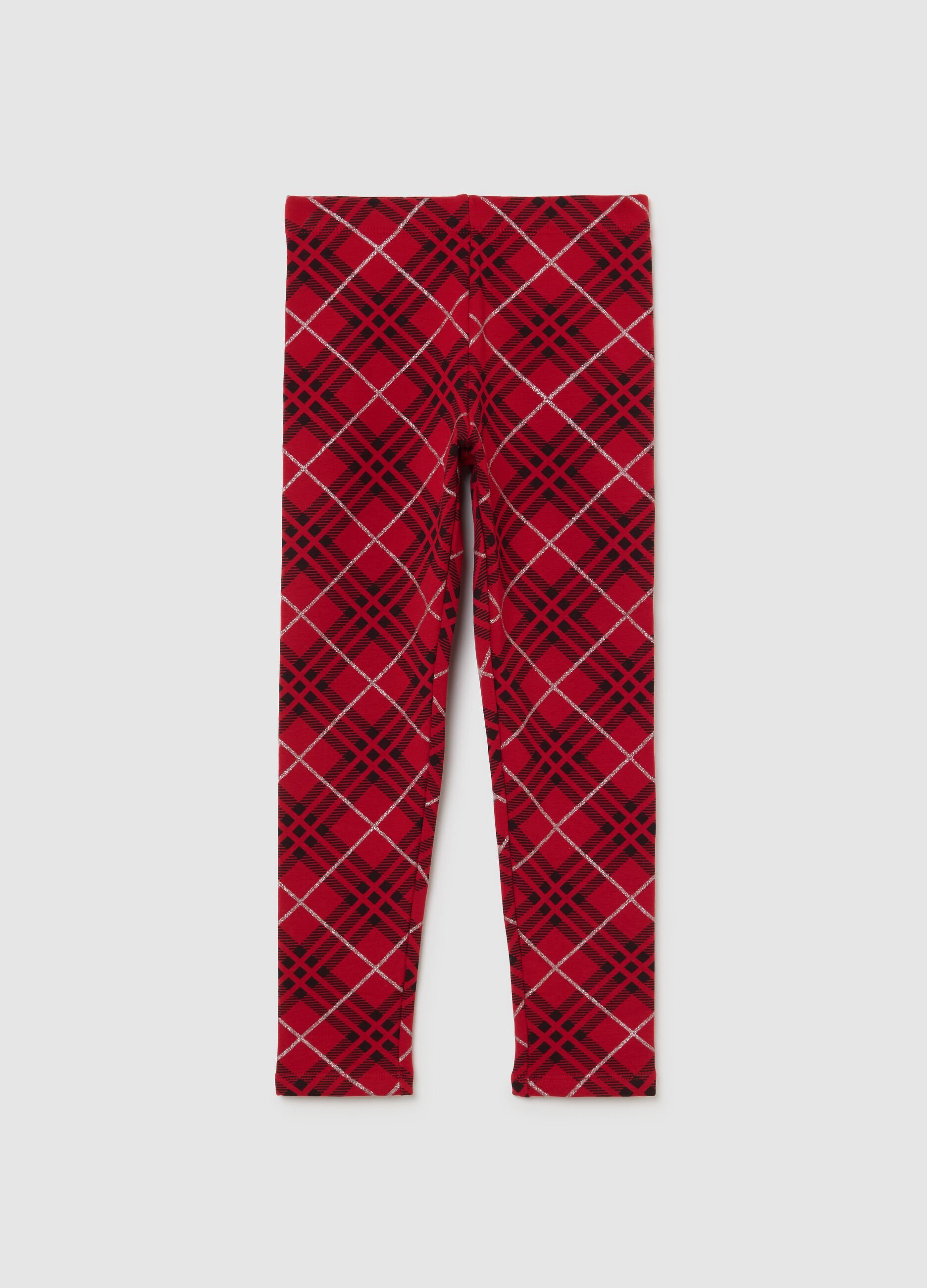Girls' red checked stretch cotton leggings