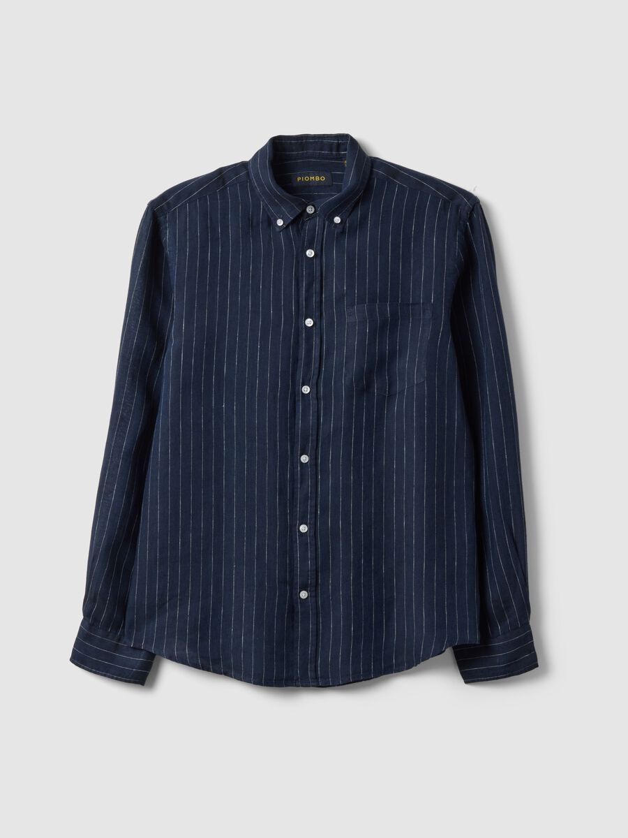 Blue stripe regular fit pure linen shirt_4