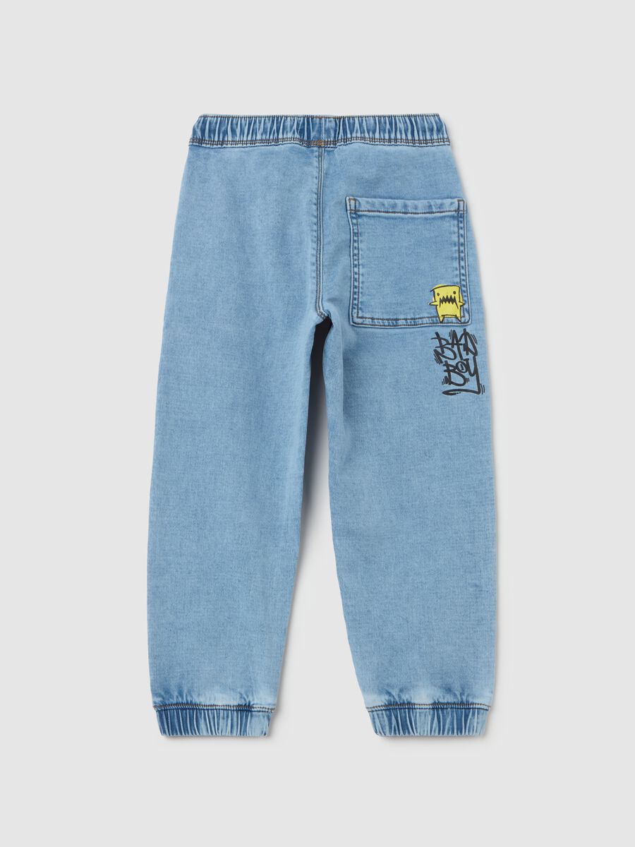 Denim joggers with drawstring and "Skate" print_1