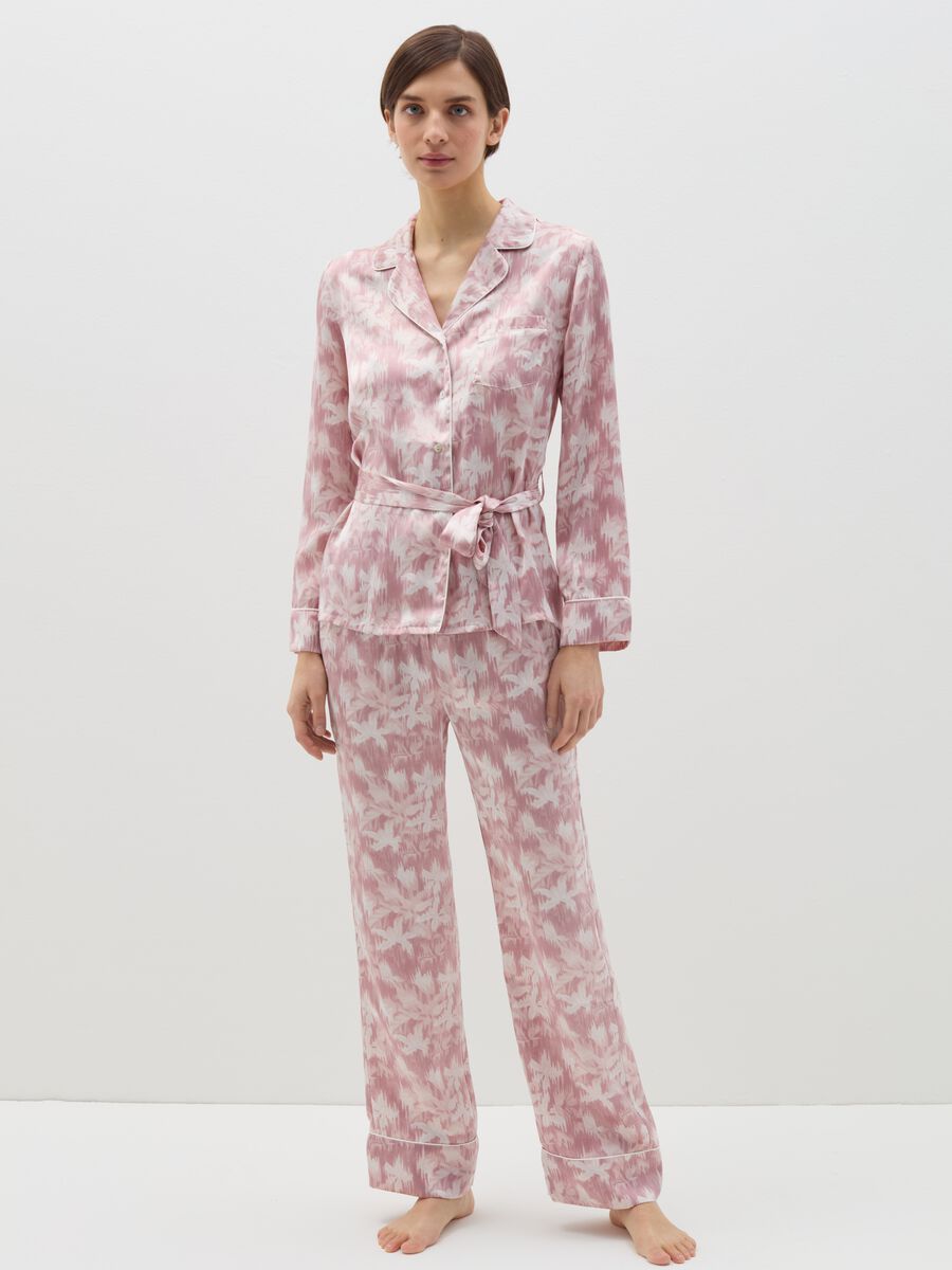 Pyjama top in pink and white satin with belt_0