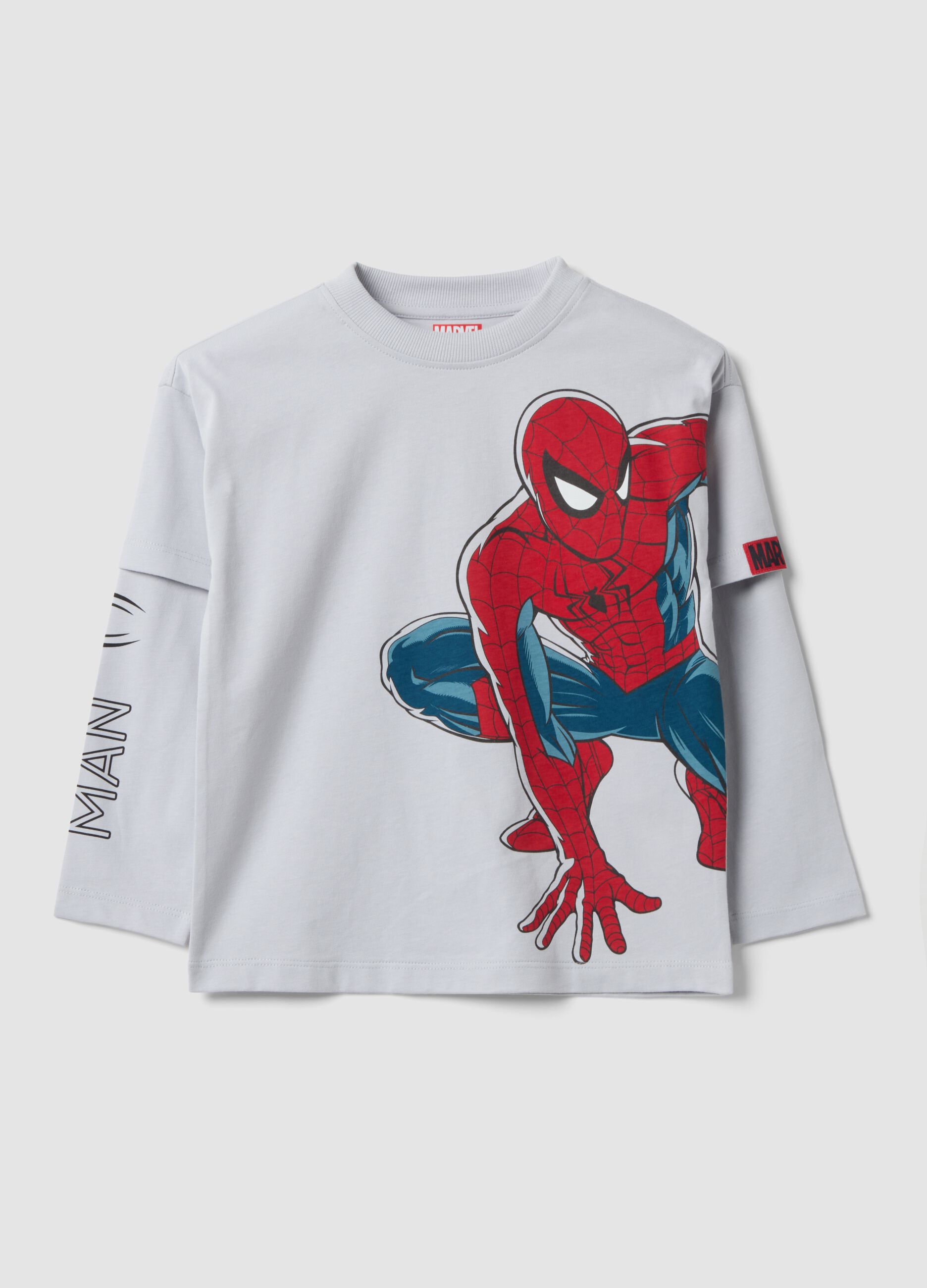 Grey long-sleeved pure cotton T-shirt with MARVEL Spider-Man print for boys