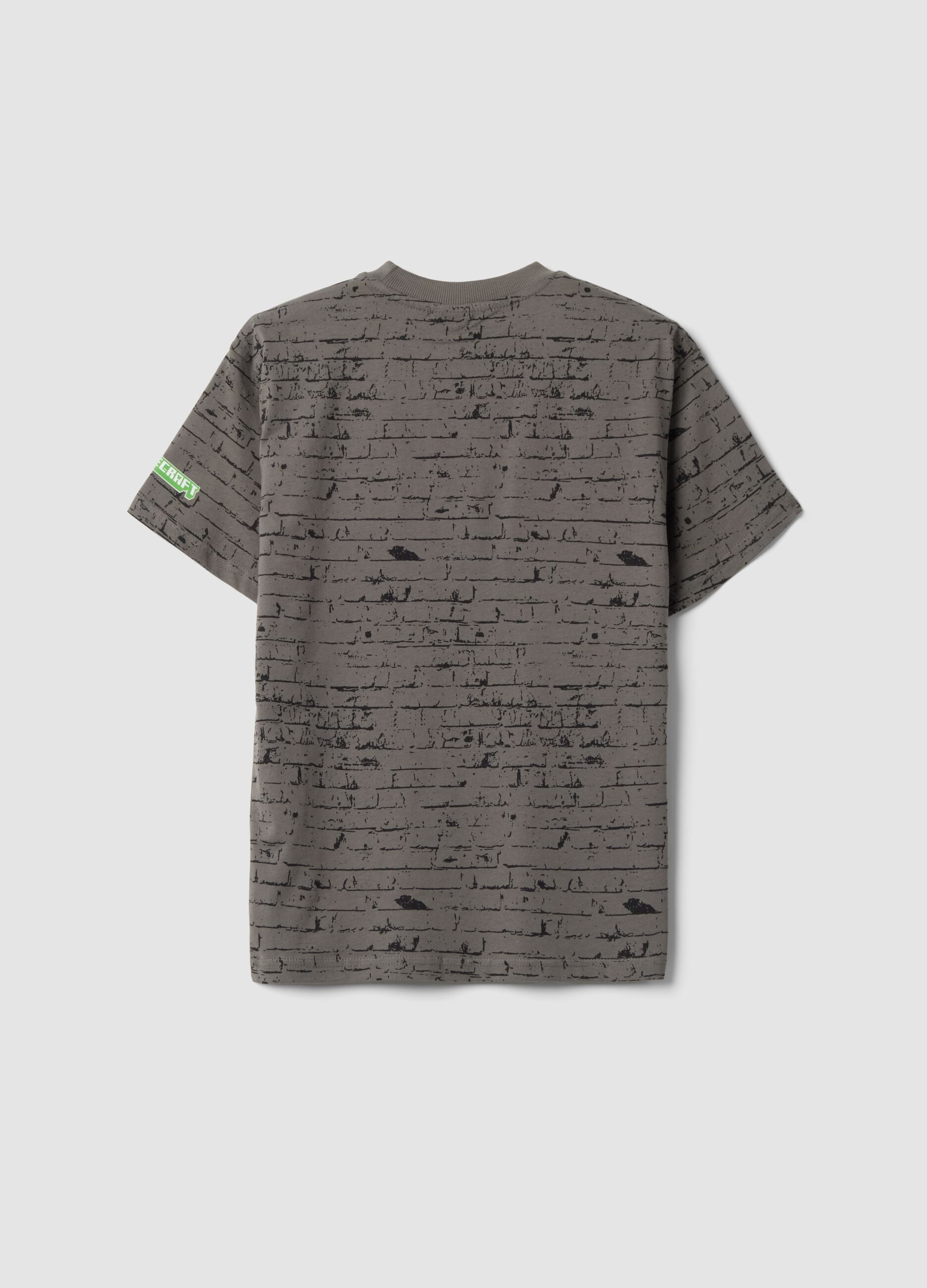 Grey pure cotton crew-neck Minecraft print T-shirt