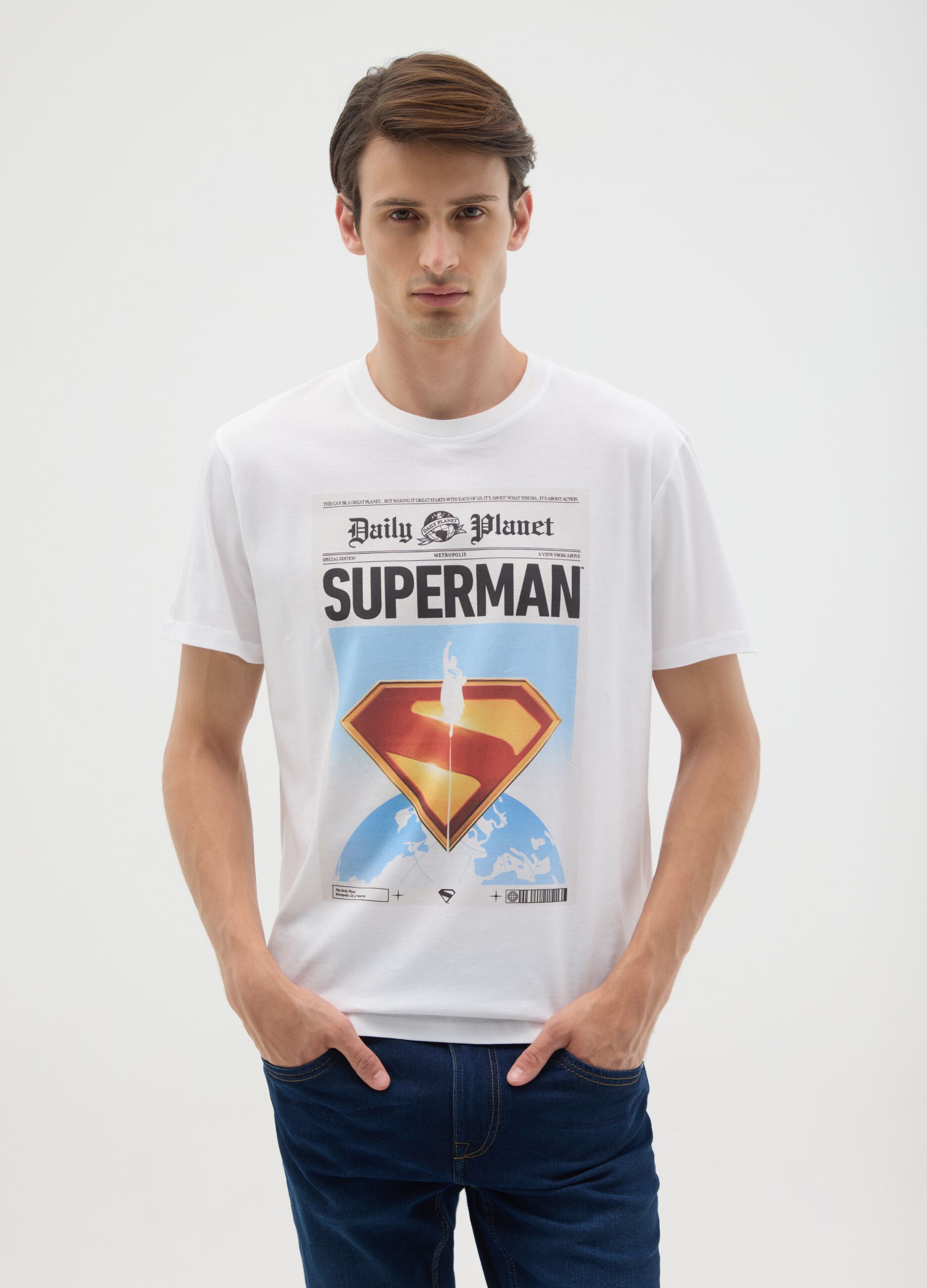 Men's white pure cotton T-shirt with Superman logo