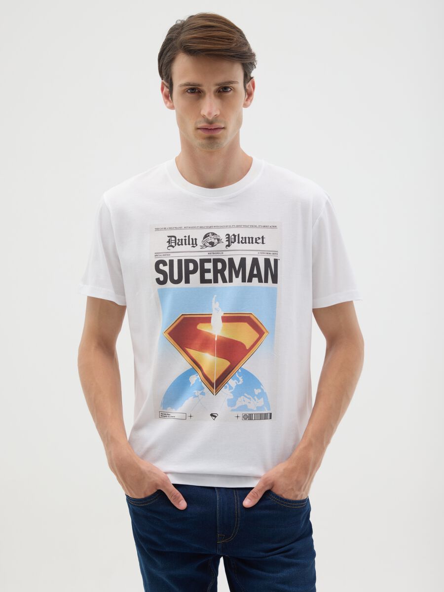 Men's white pure cotton T-shirt with Superman logo_0