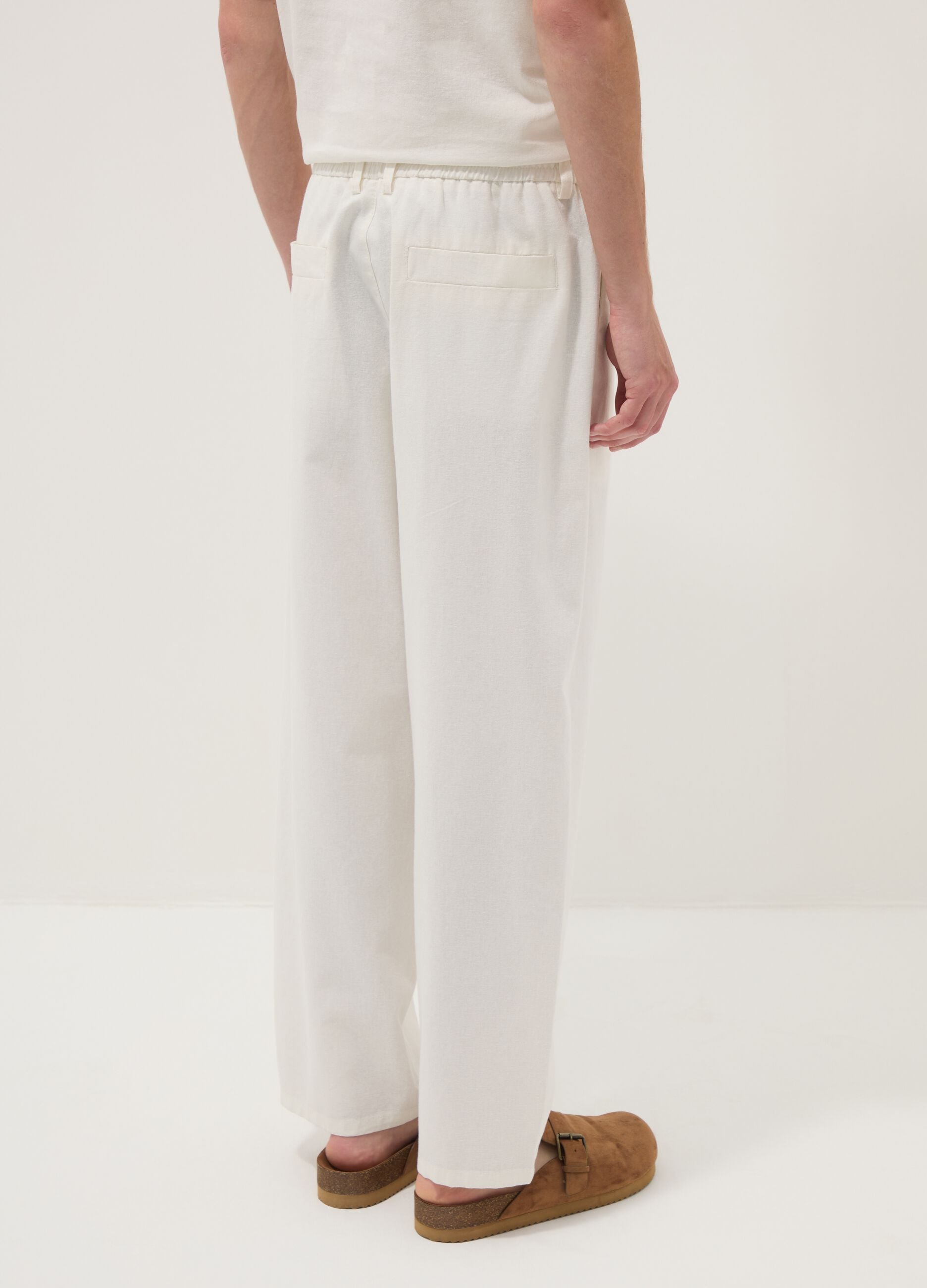 White linen-cotton blend trousers with elasticated waistband