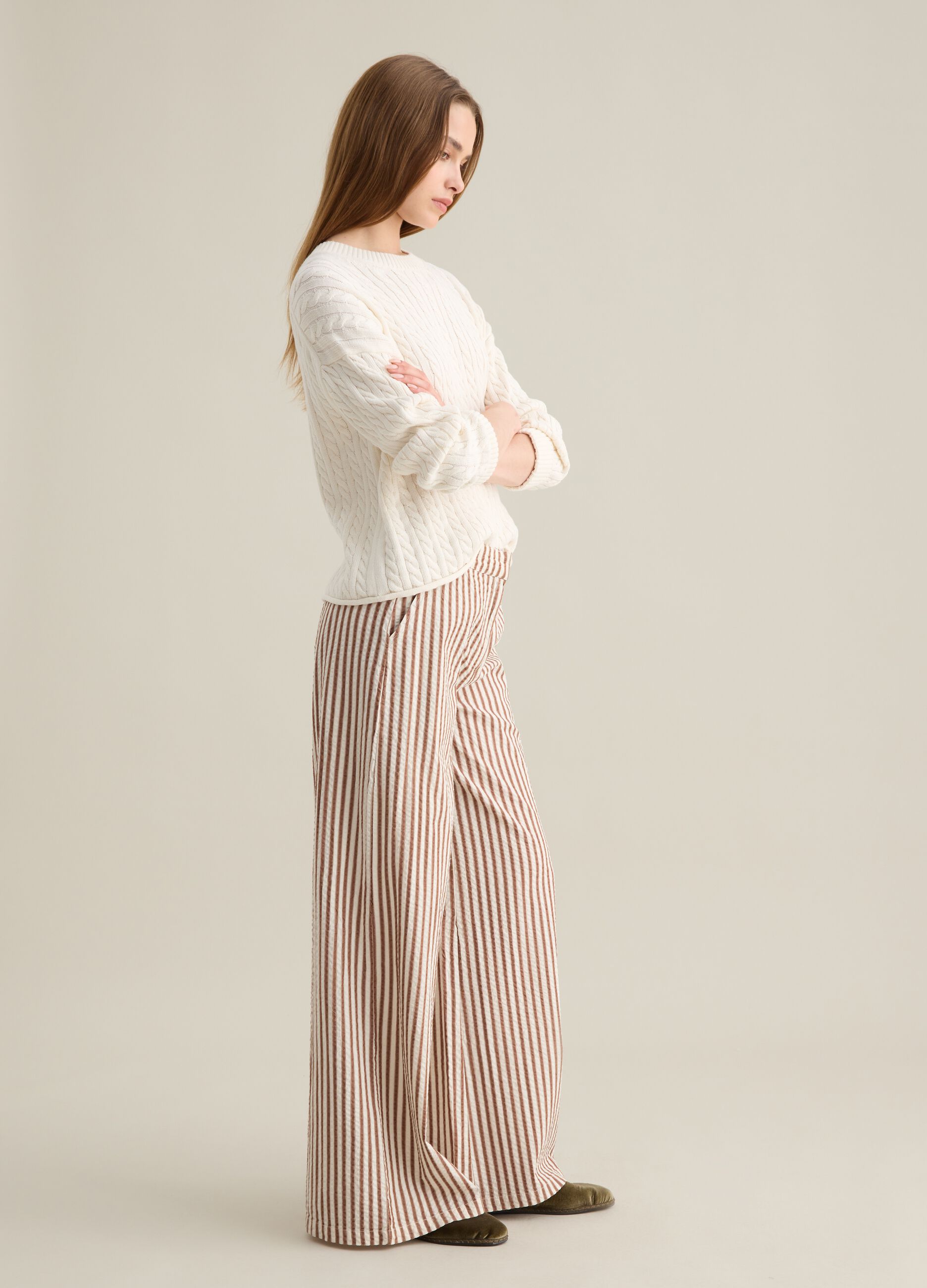 Striped Brown and White Cotton Palazzo Trousers