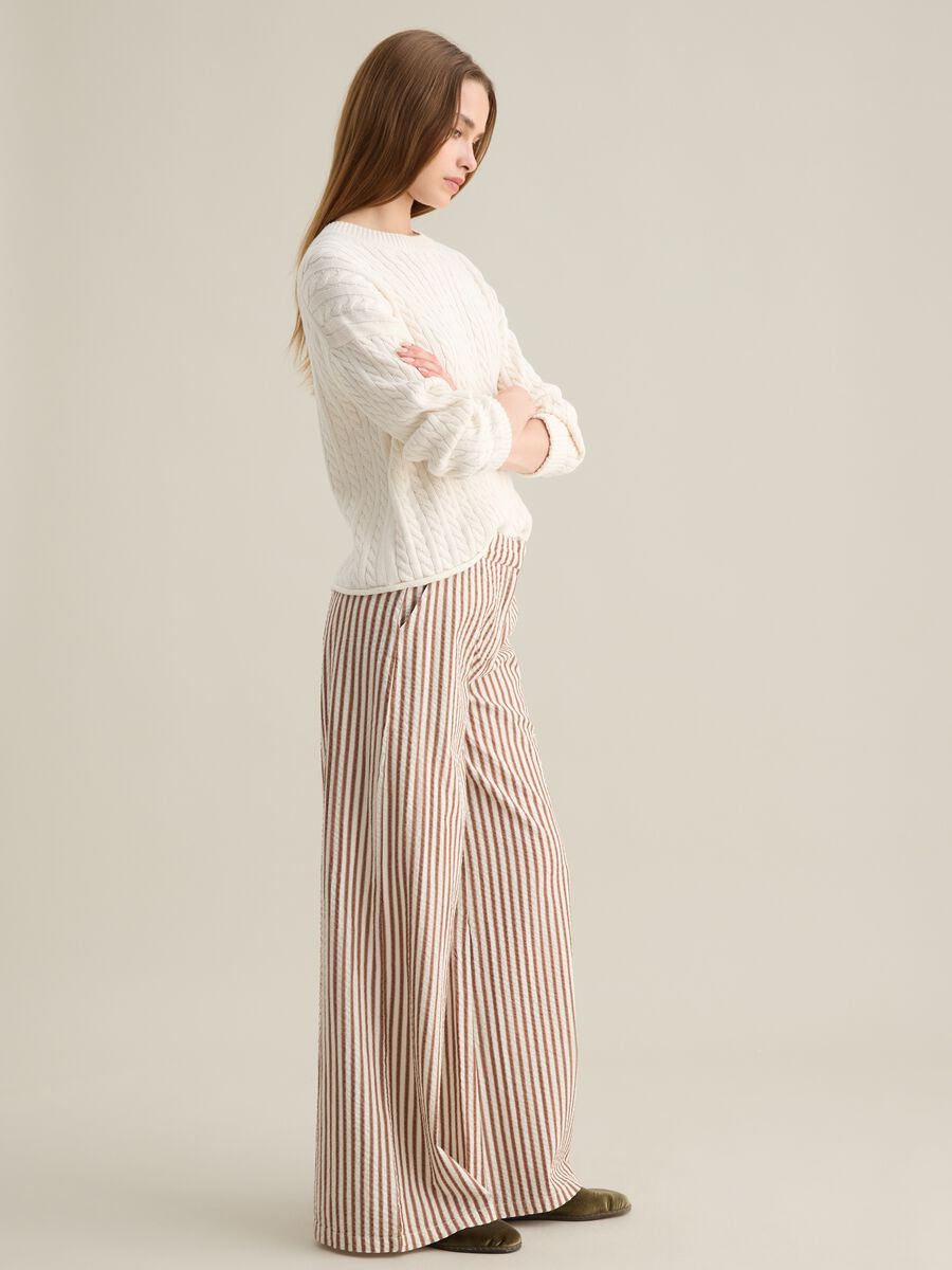 Striped Brown and White Cotton Palazzo Trousers_0
