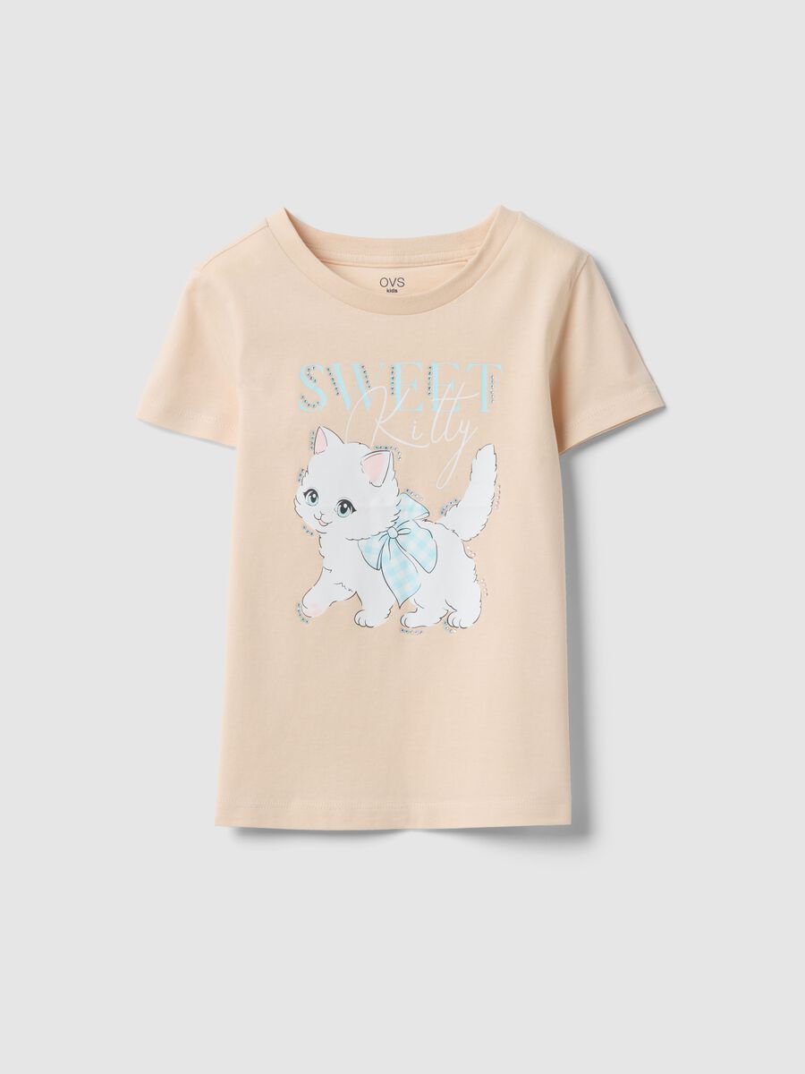 T-shirt in puro cotone beige regular fit con stampa per bambina_0