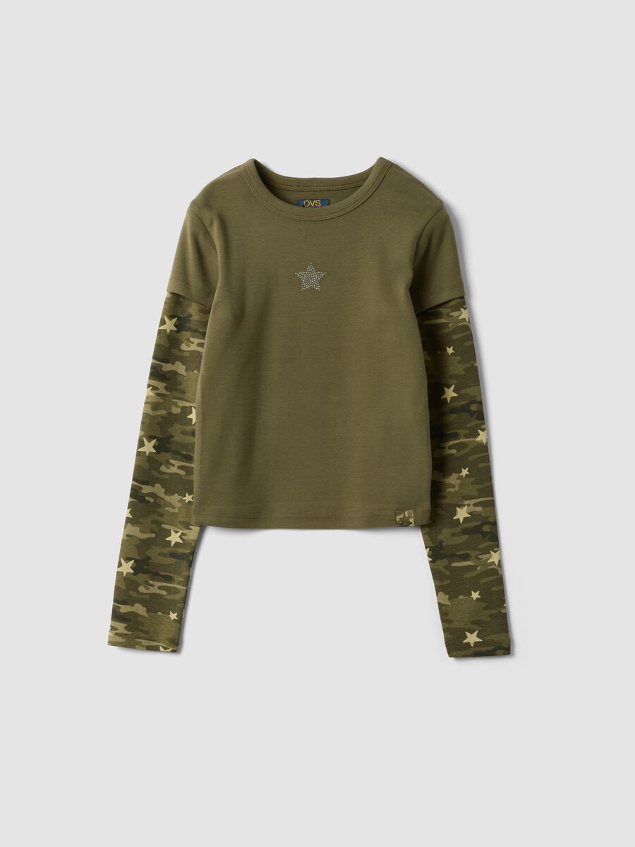 T-shirt verde in cotone elasticizzato con collo a costine slim fit_0