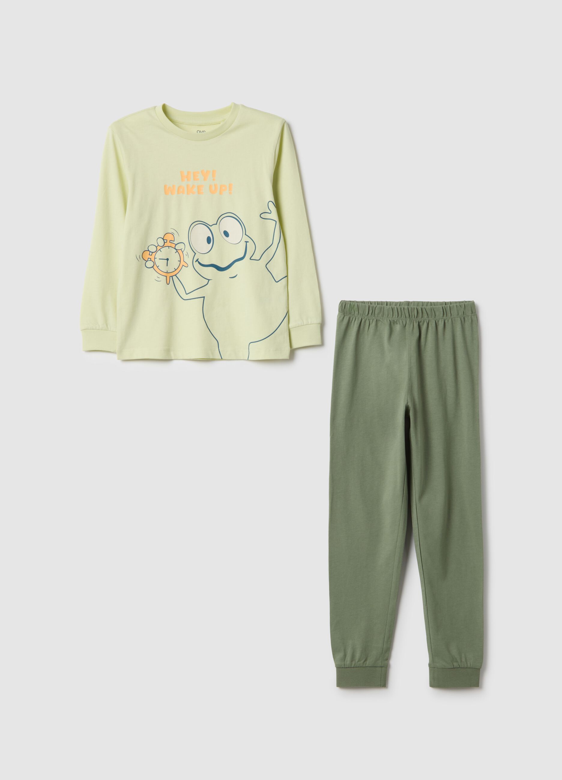 Children's green pure cotton pyjamas with frog print, regular fit