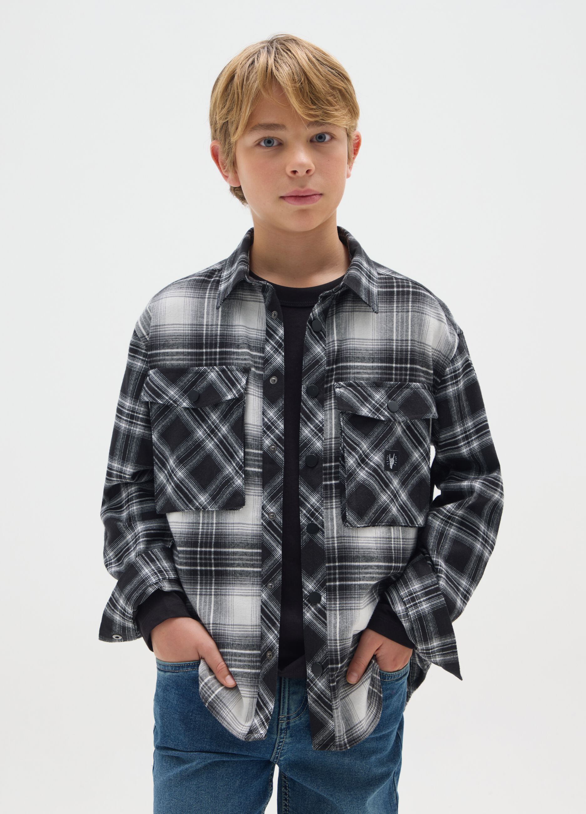 Boys' pure cotton black check over fit shirt