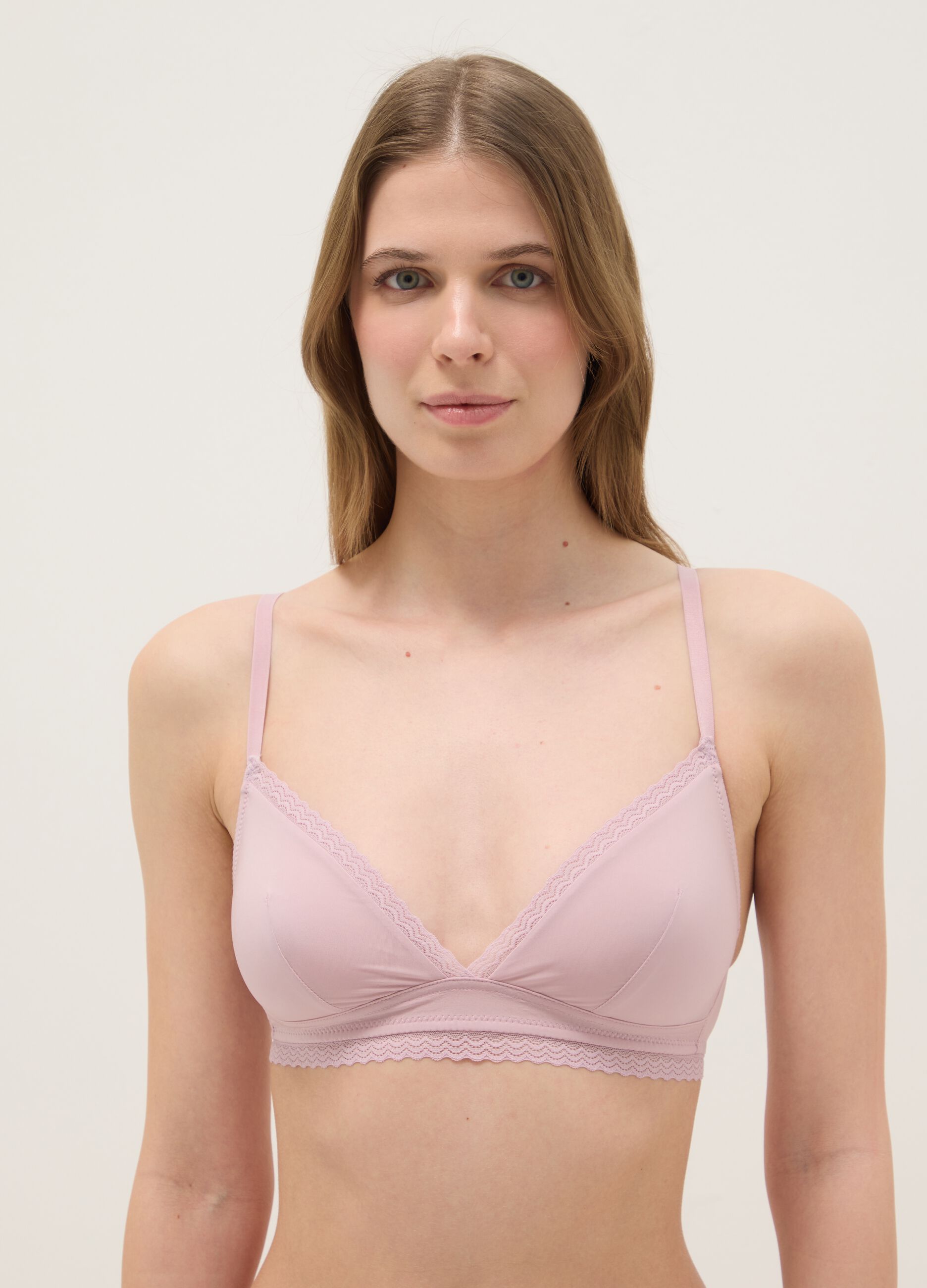 Pink triangle bra with lace and thin straps