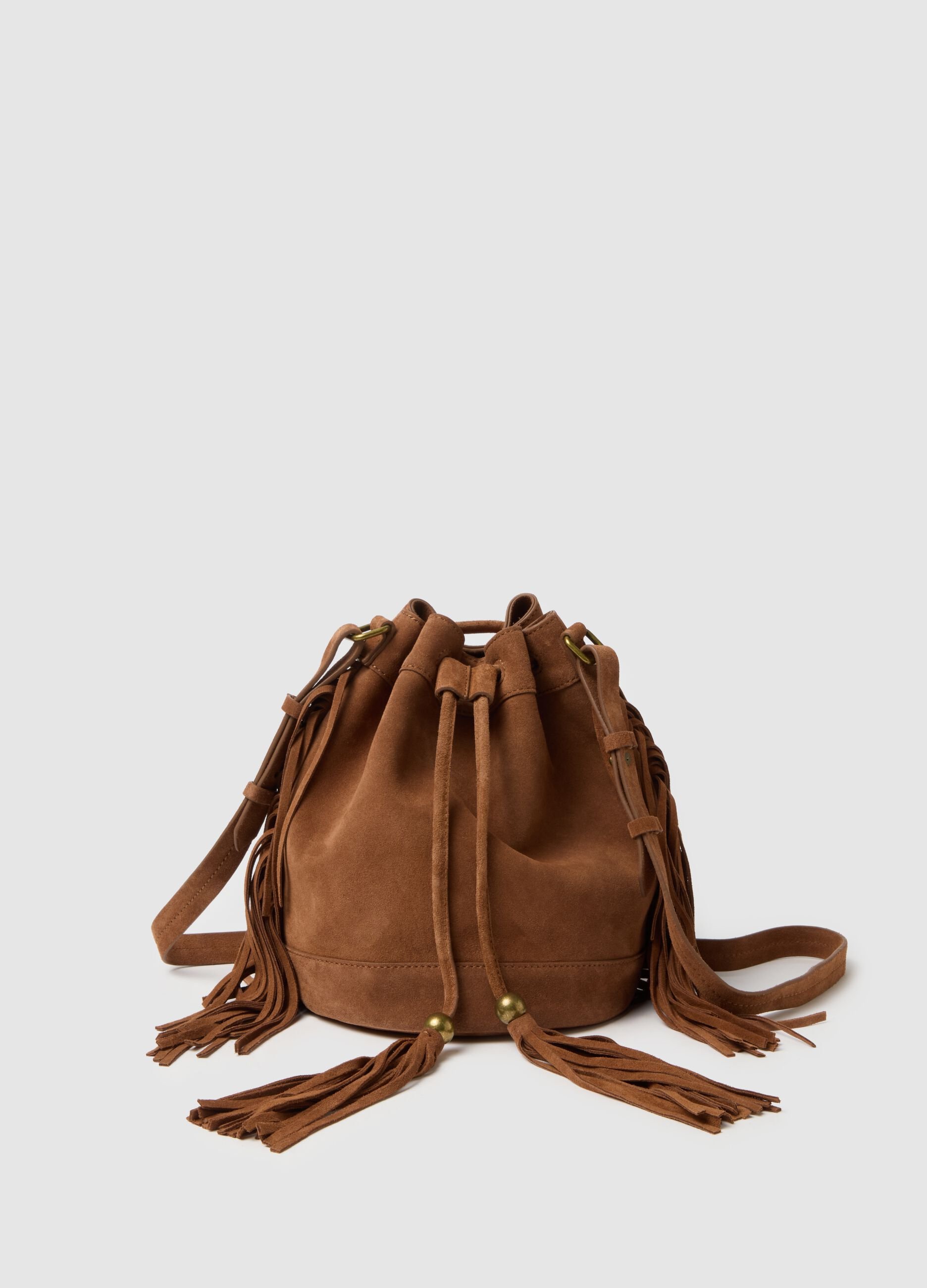 Brown genuine leather bag with fringes