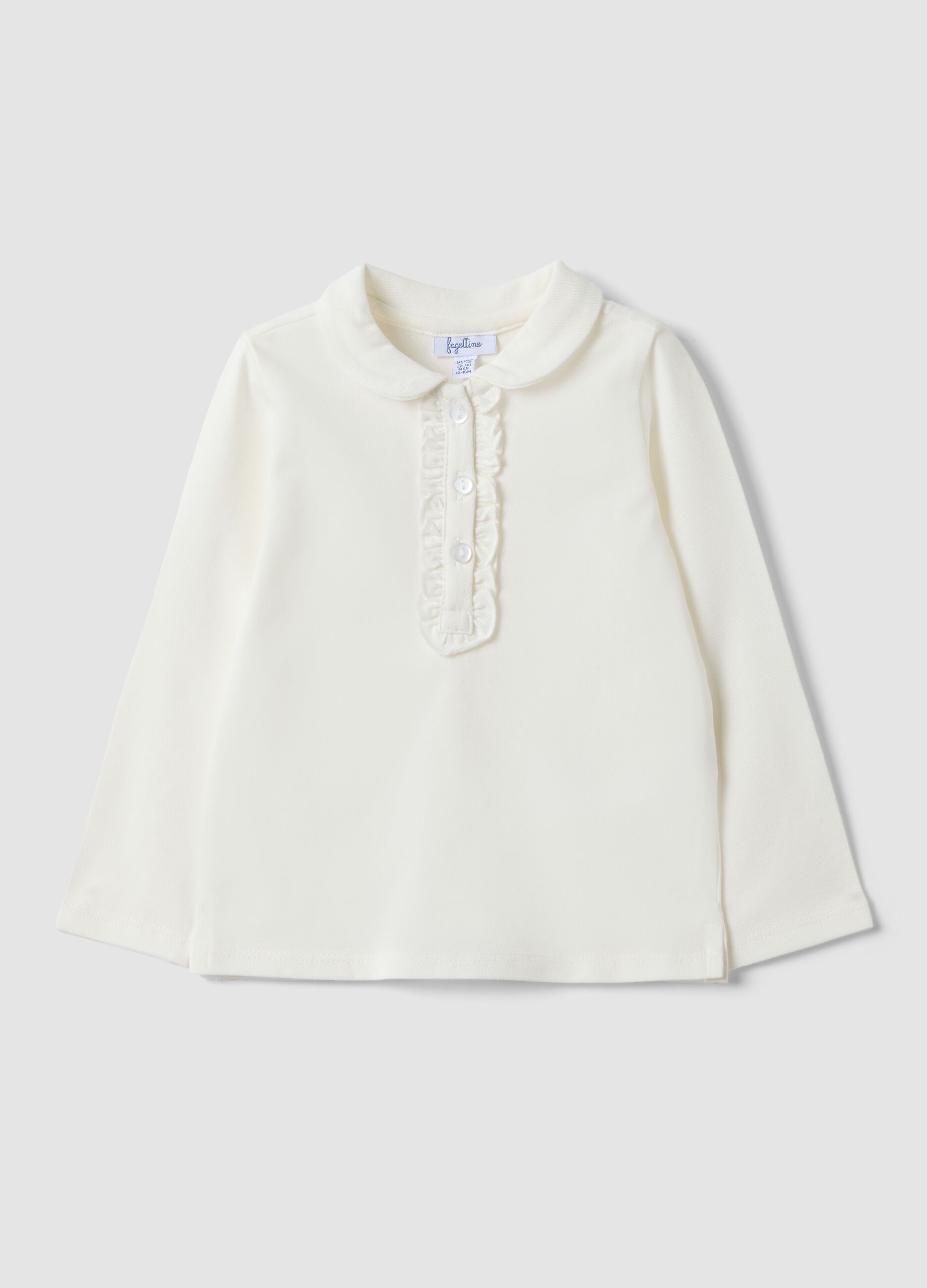 Polo bianca in cotone organico elasticizzato con dettagli volant per bimba