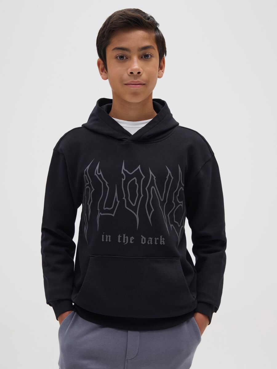 Felpa nera da ragazzo in puro cotone regular fit con scritta_0