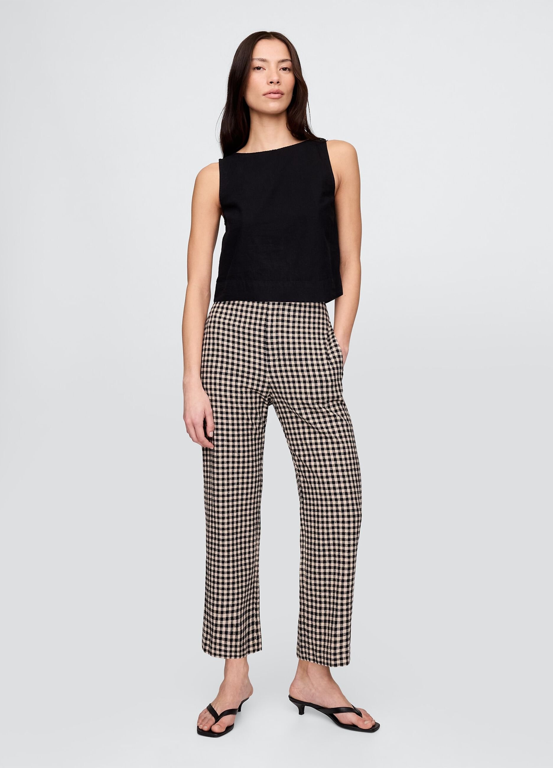Brown and black check trousers in linen and viscose