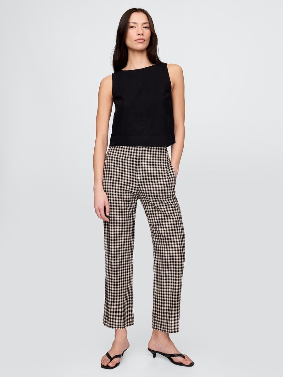 Brown and black check trousers in linen and viscose_0
