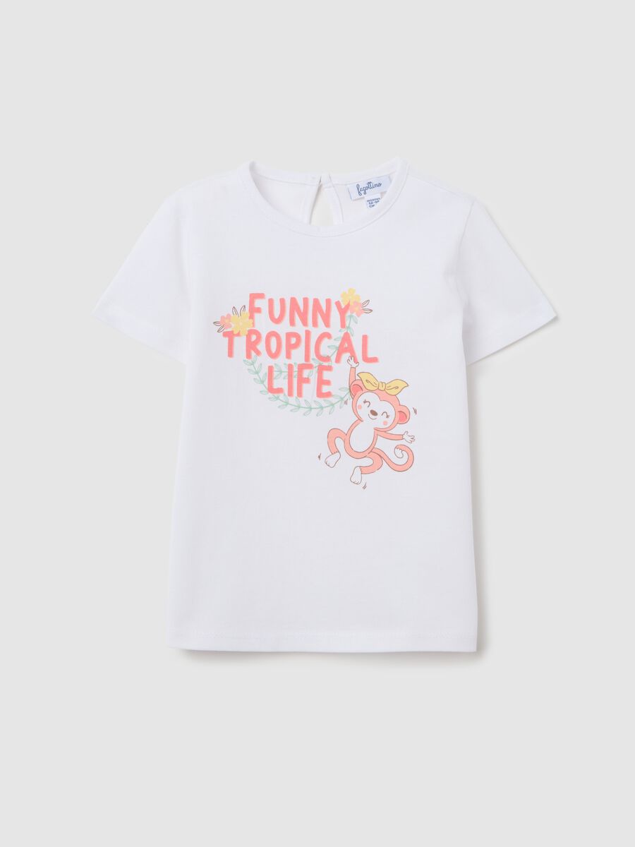 White short-sleeved T-shirt with tropical print_0