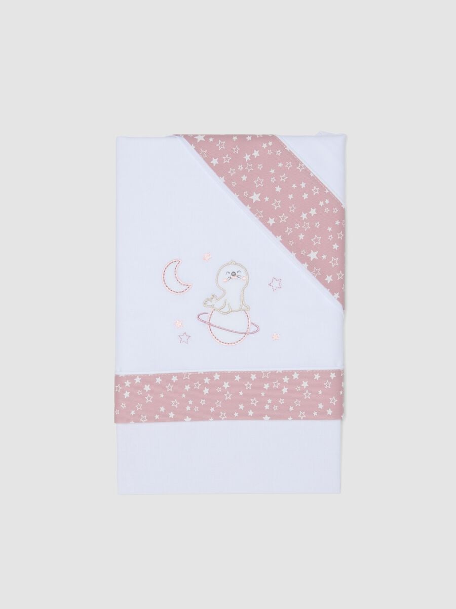 Lenzuolino bianco e rosa in puro cotone con stampa stelle per neonata_0