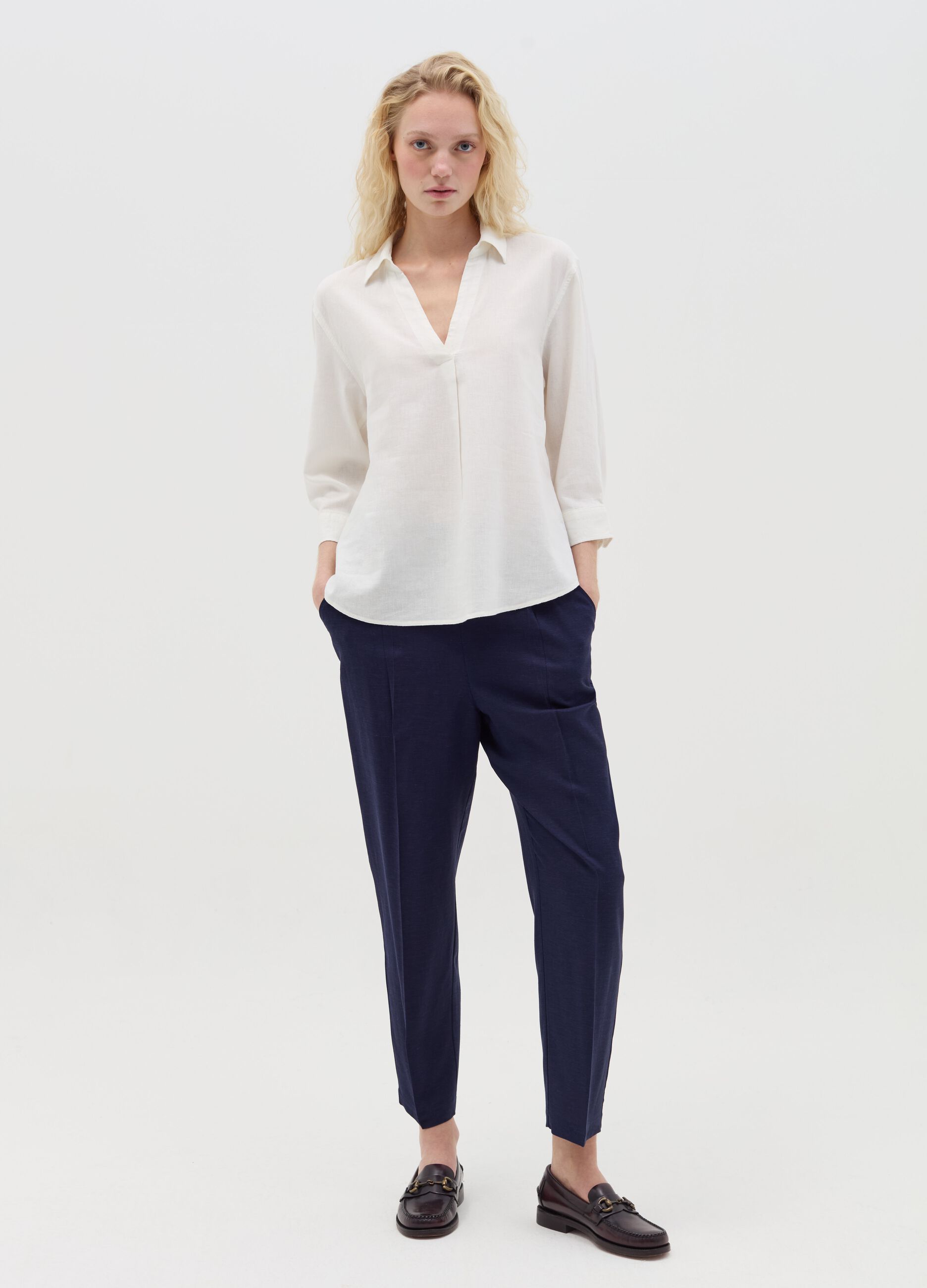 Pantalone in lino e viscosa blu navy