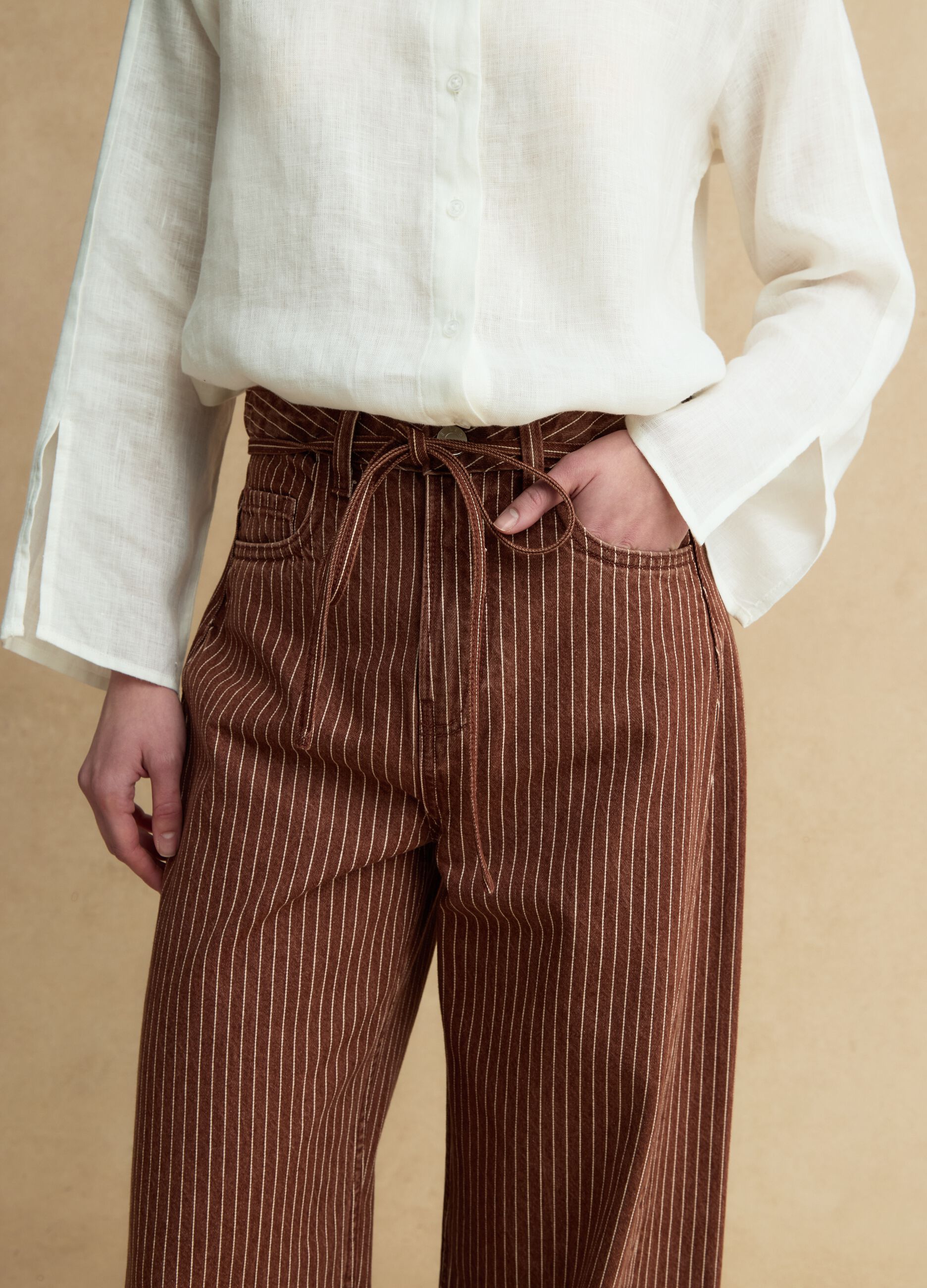 Brown striped wide-leg trousers in pure cotton
