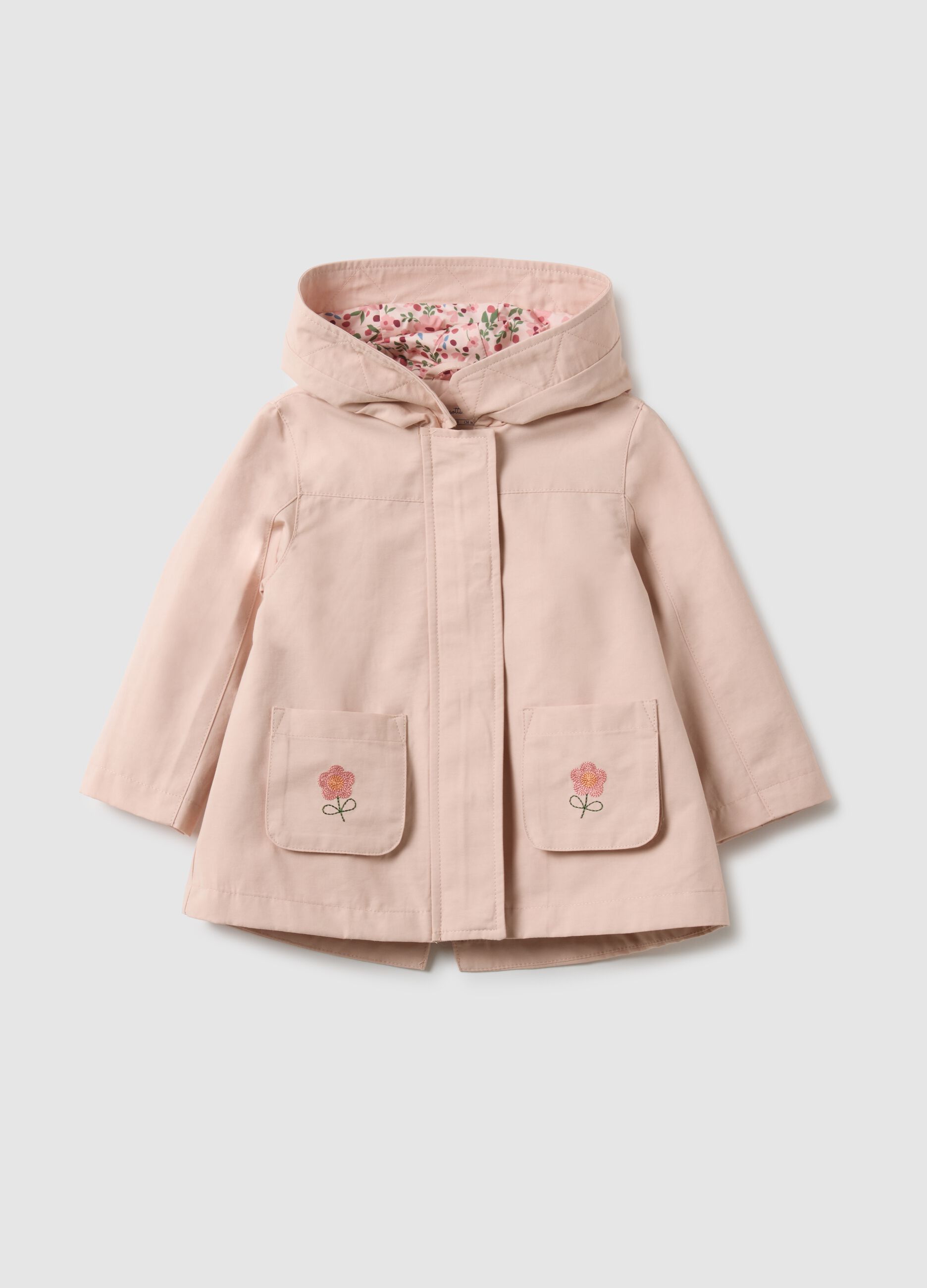 Regular fit pink cotton blend girl's jacket with hood and embroidery