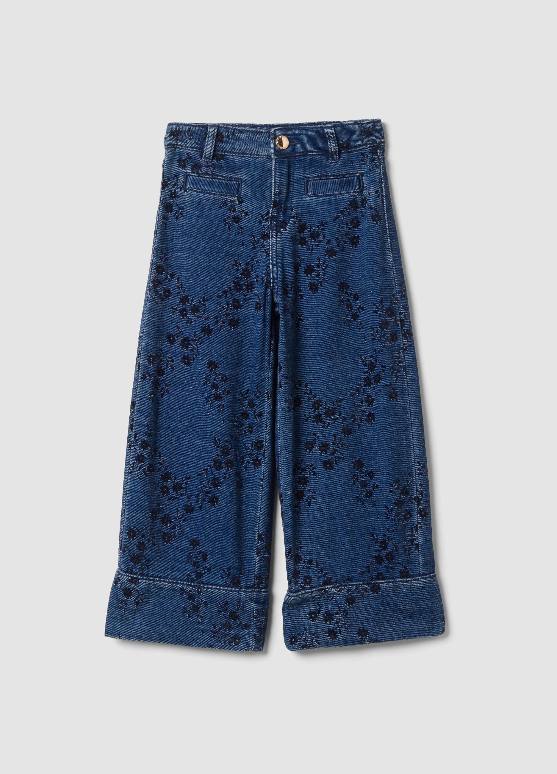 Blue cotton-blend straight-fit jeans with floral print
