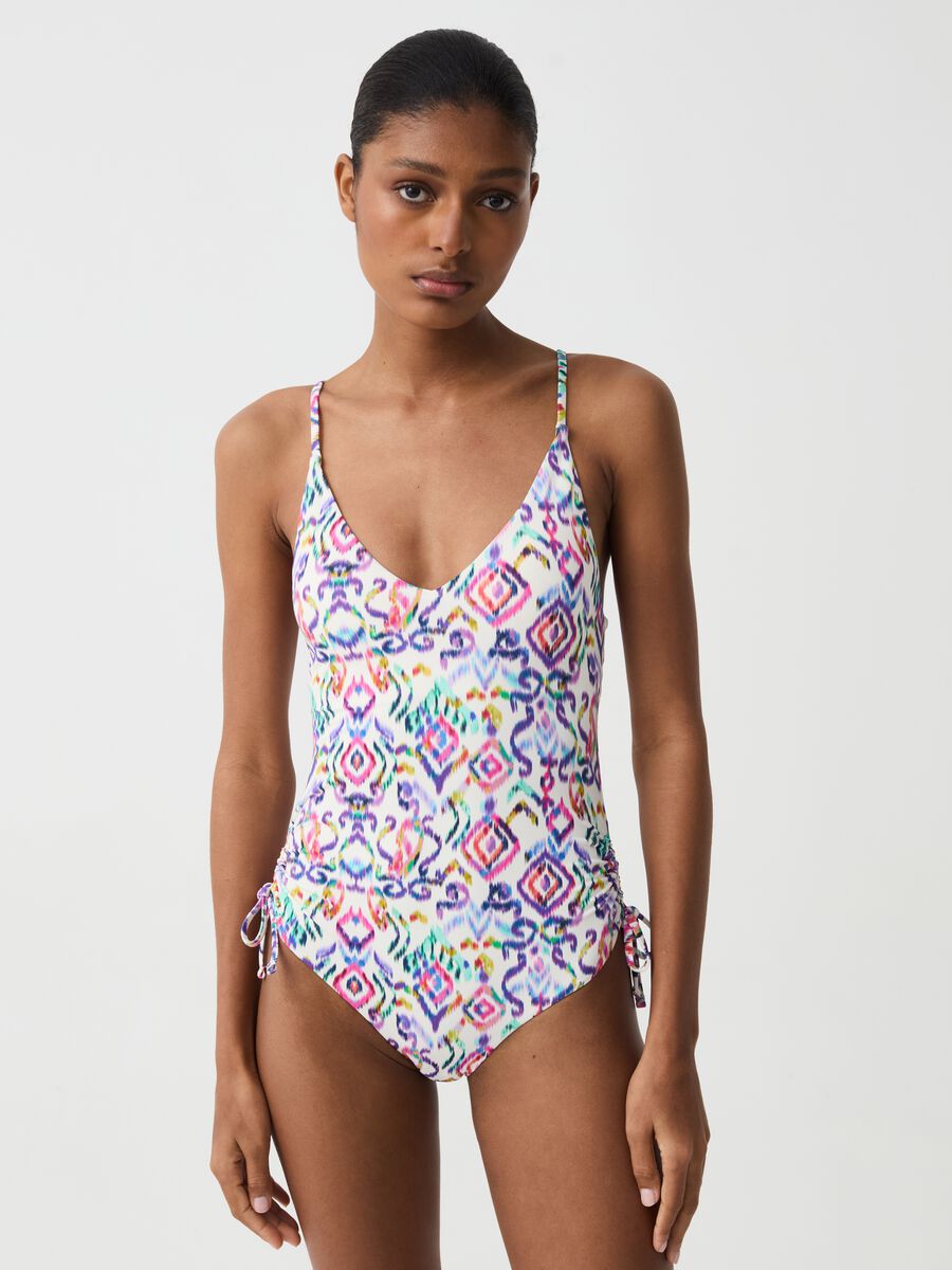 One-piece swimsuit with drawstring and ikat print_0
