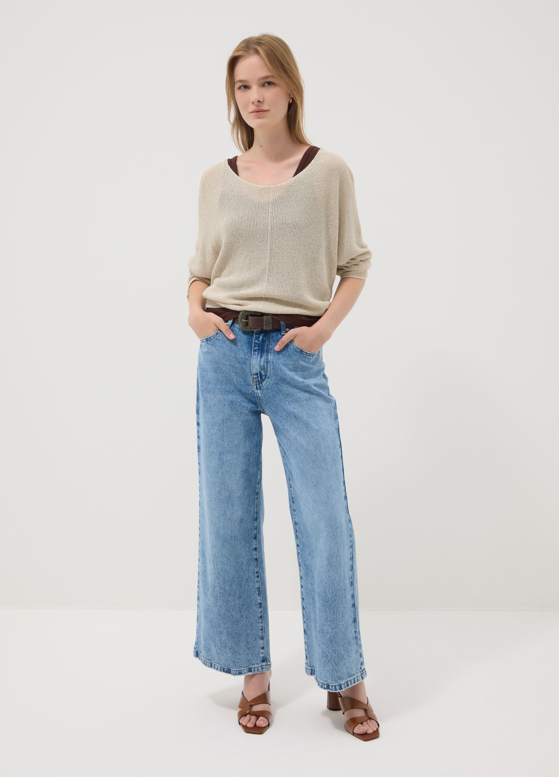 Beige viscose and linen blend knit