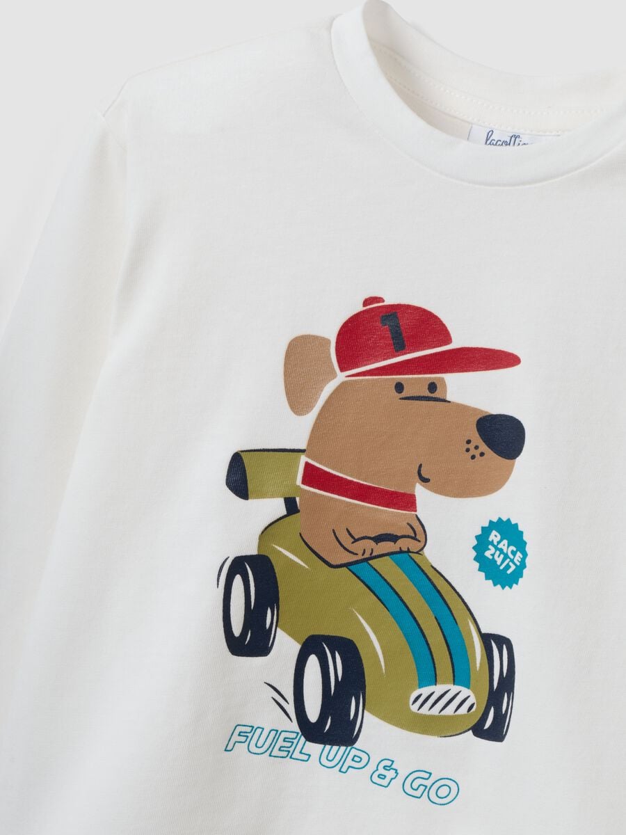 T-shirt bianca in puro cotone organico con cagnolino per bimbo_2