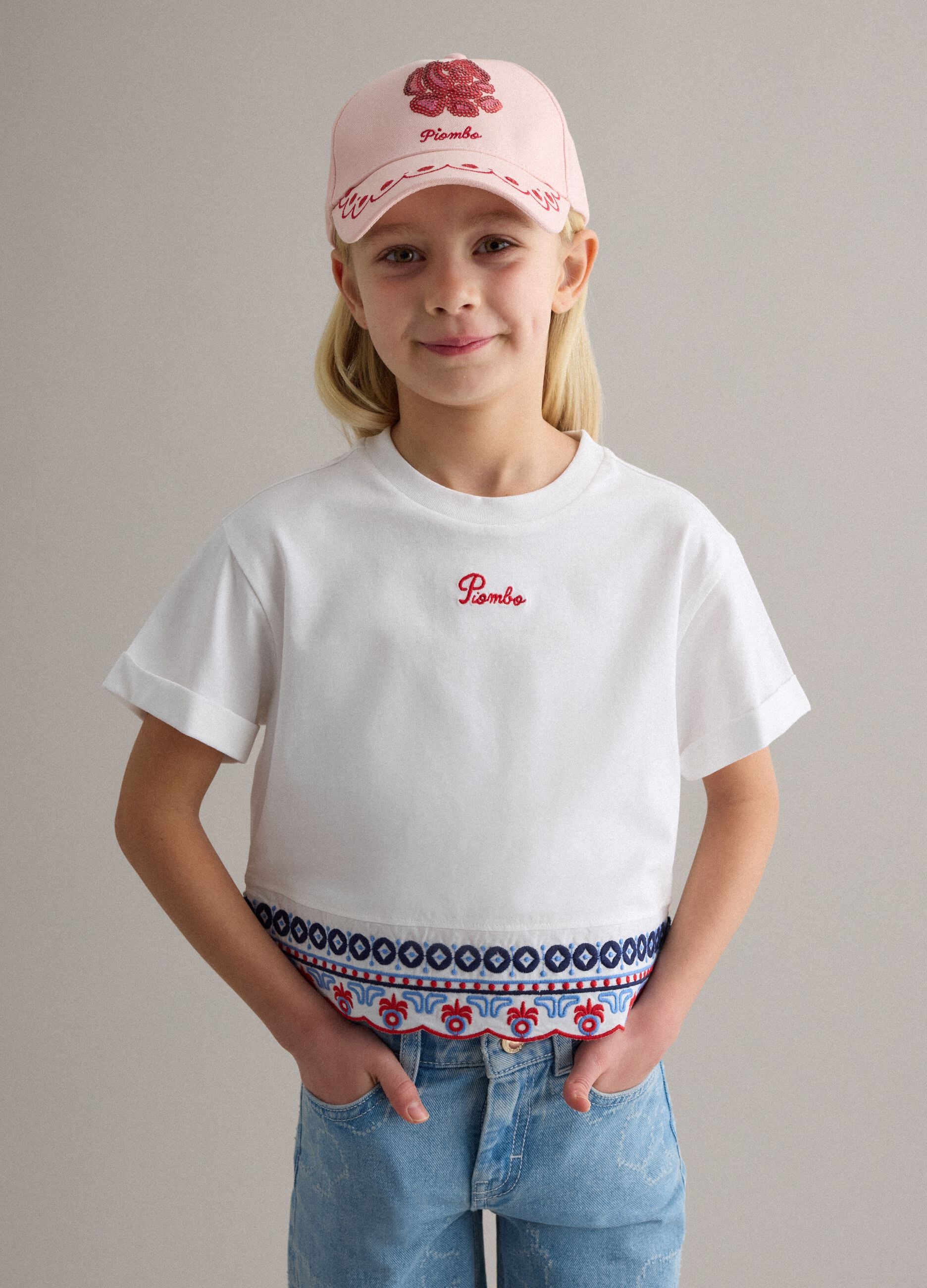 Girls' pink pure cotton hat with visor and sequins