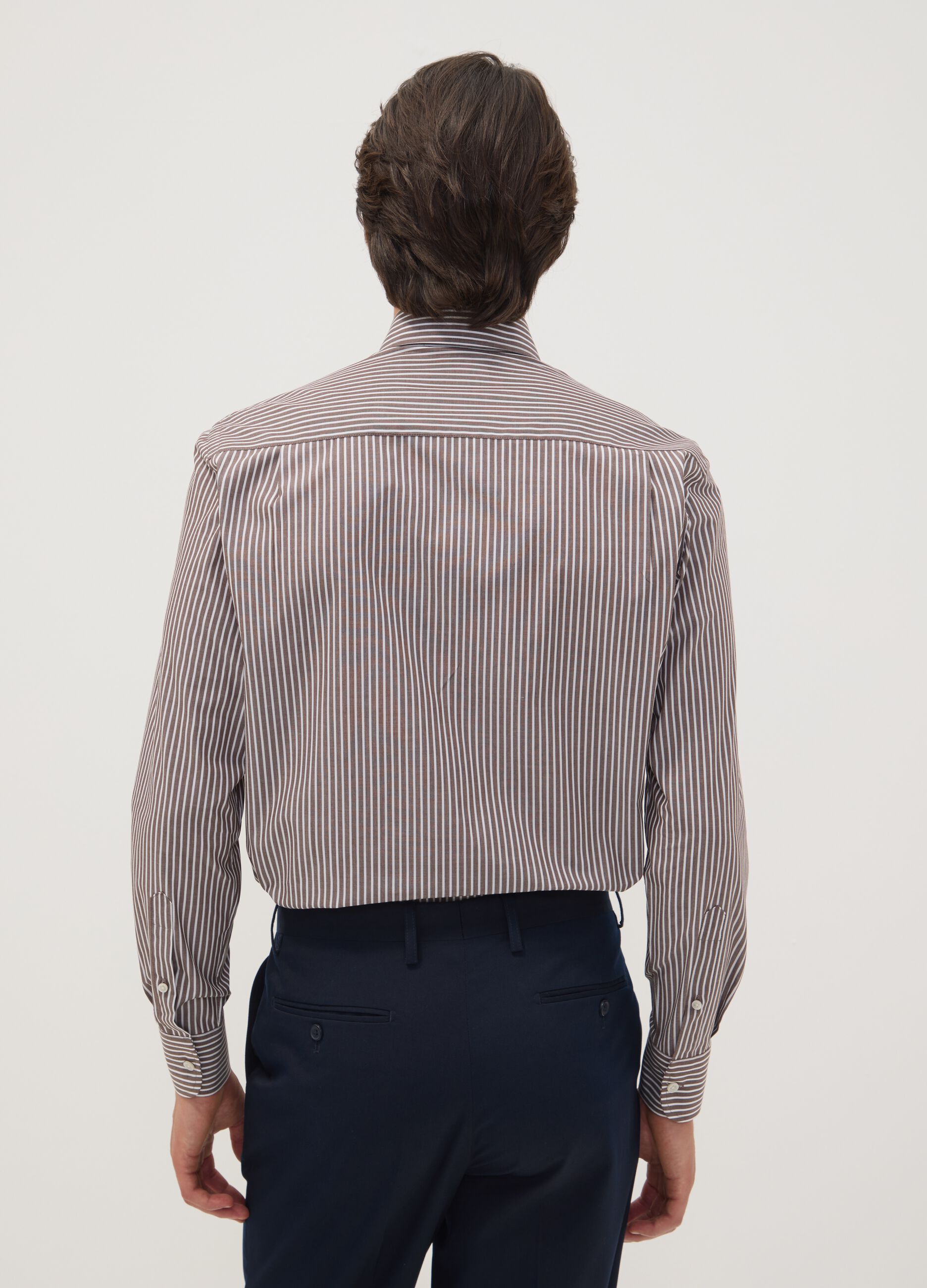 Brown striped cotton-blend button-down collar easy-iron regular-fit shirt
