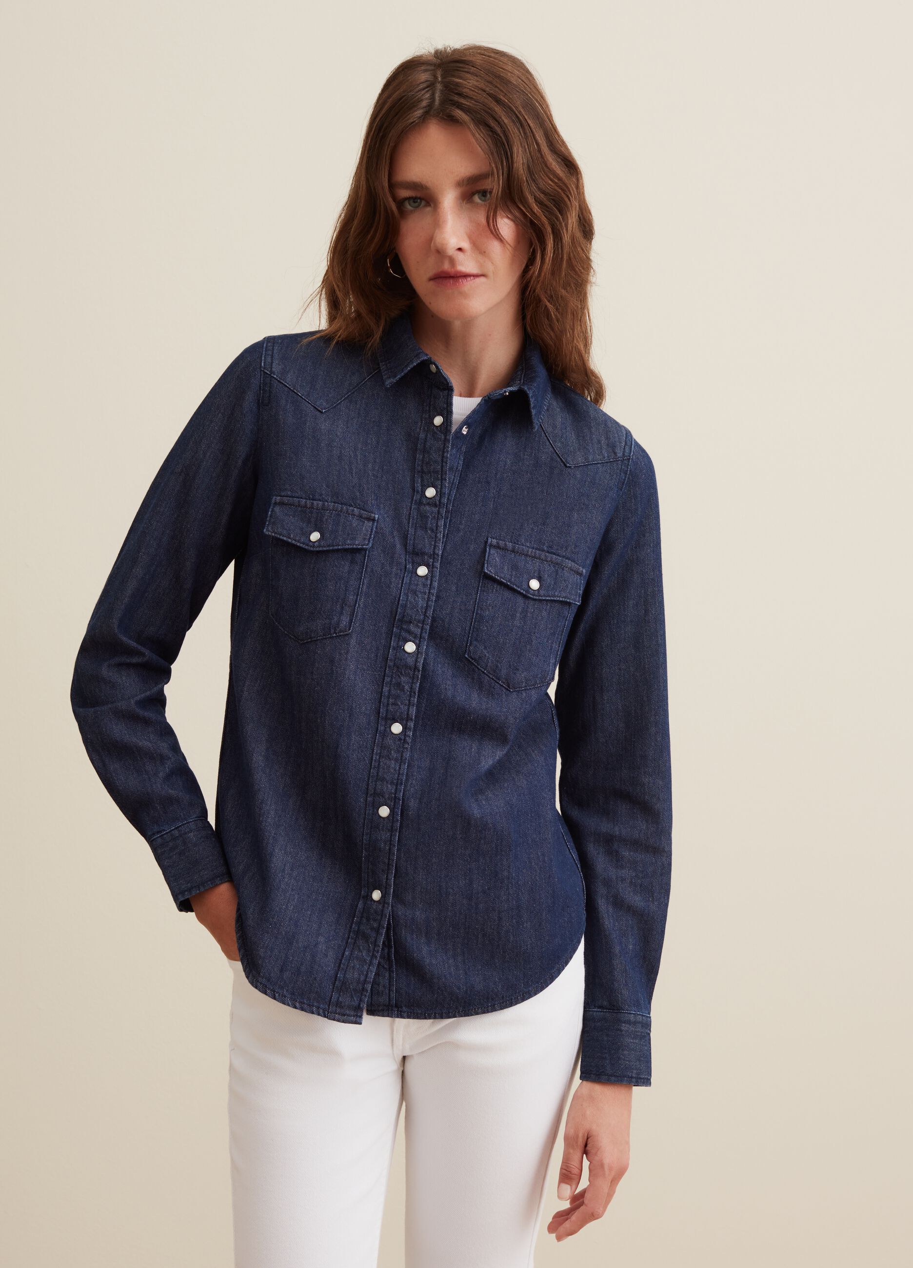 Camicia western in denim con bottoni perlati_1