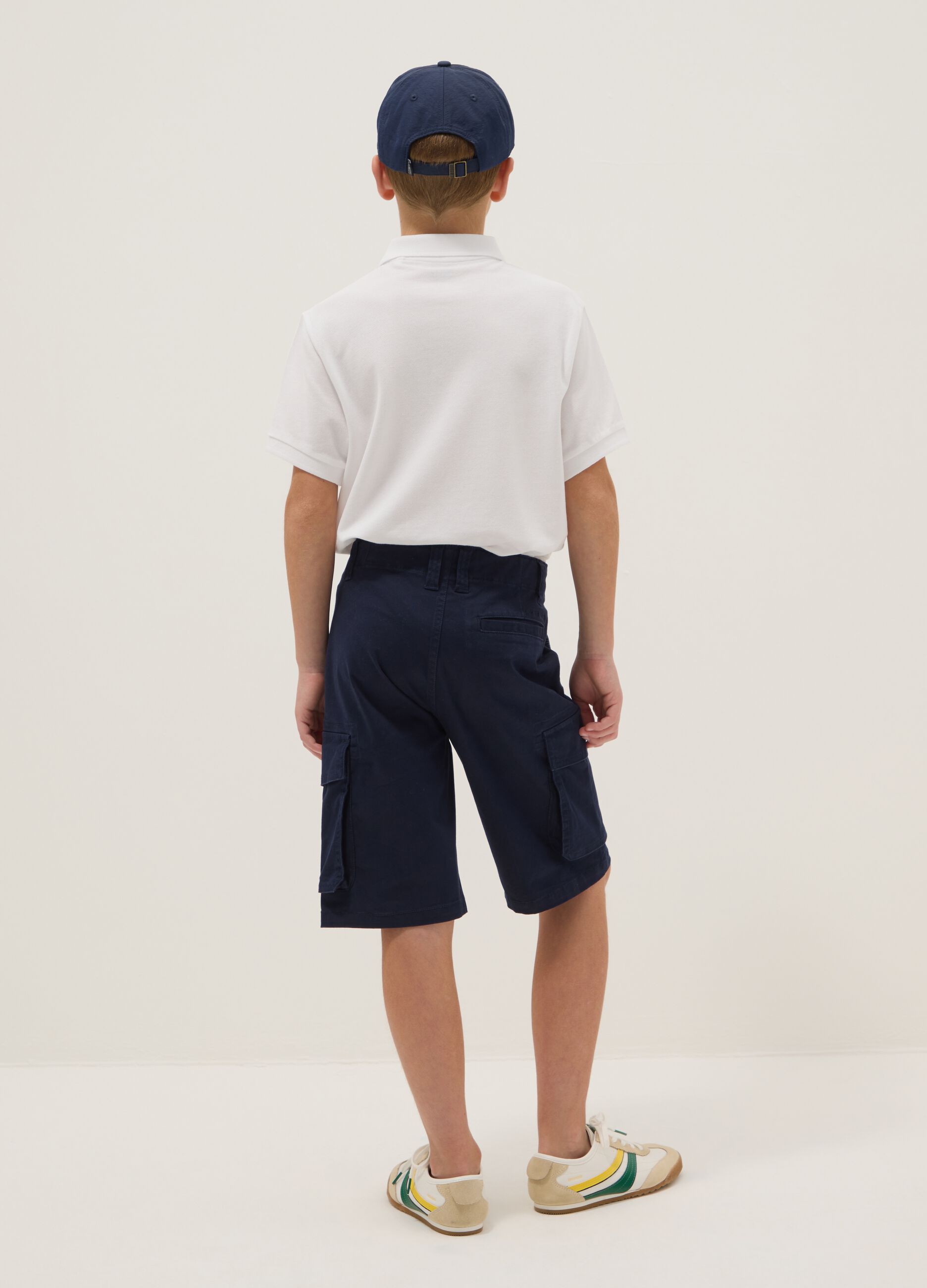 Boys' blue stretch cotton cargo shorts, regular fit