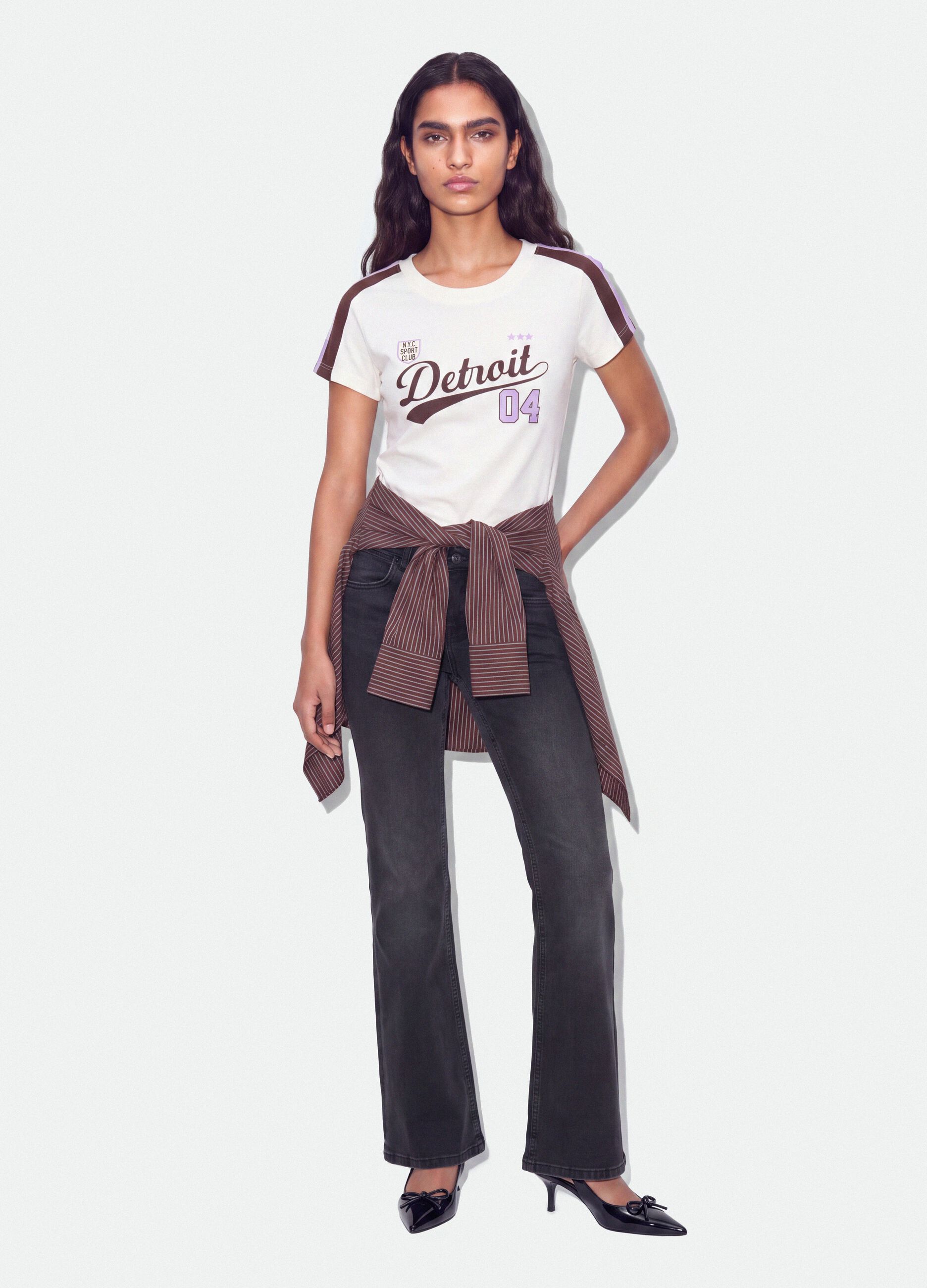 White pure-cotton crew-neck T-shirt with Detroit print