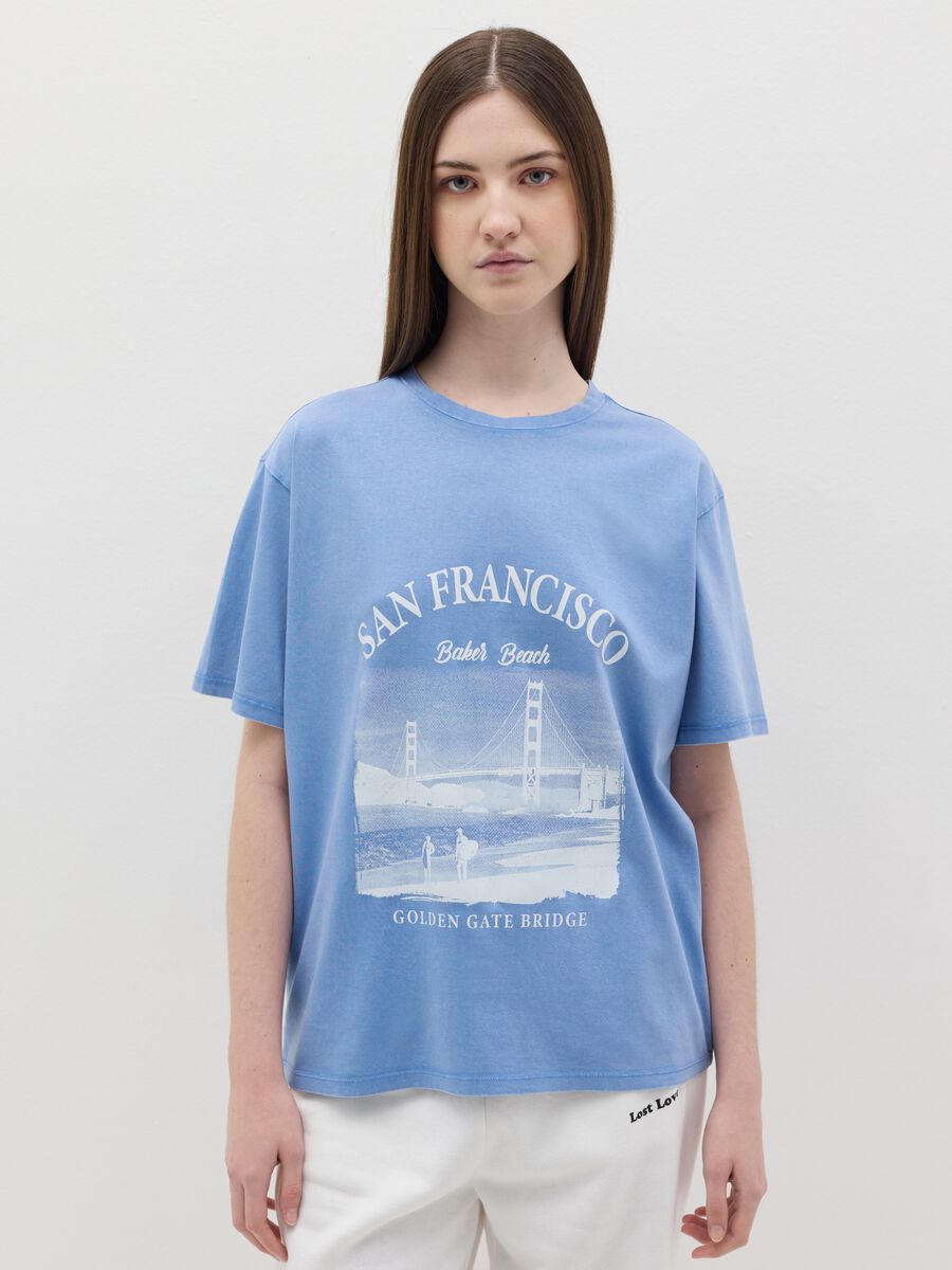 Light blue cotton T-shirt with city print_0